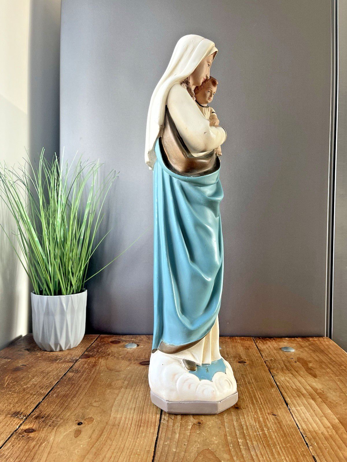 Antique 20" Plaster Chalkware Virgin Mary Baby Jesus Figure Religious Sculpture photo buy
