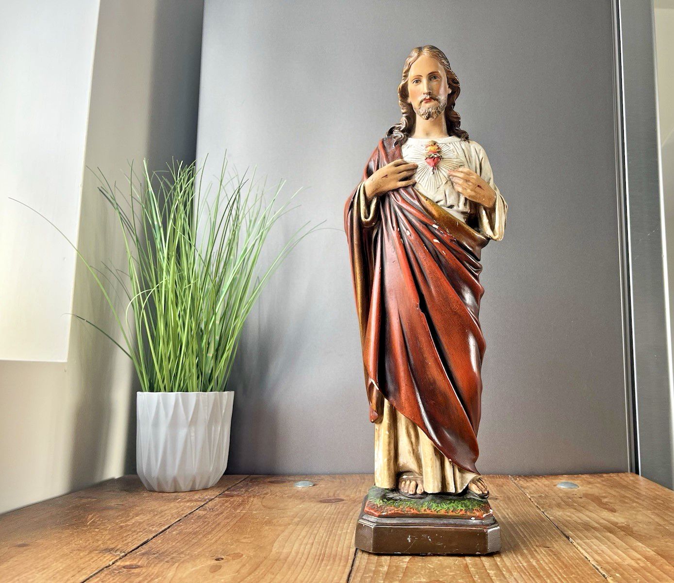 Antique 16" Plaster Chalkware Jesus Sacred Heart Religious Figurine Sculpture photo for sale
