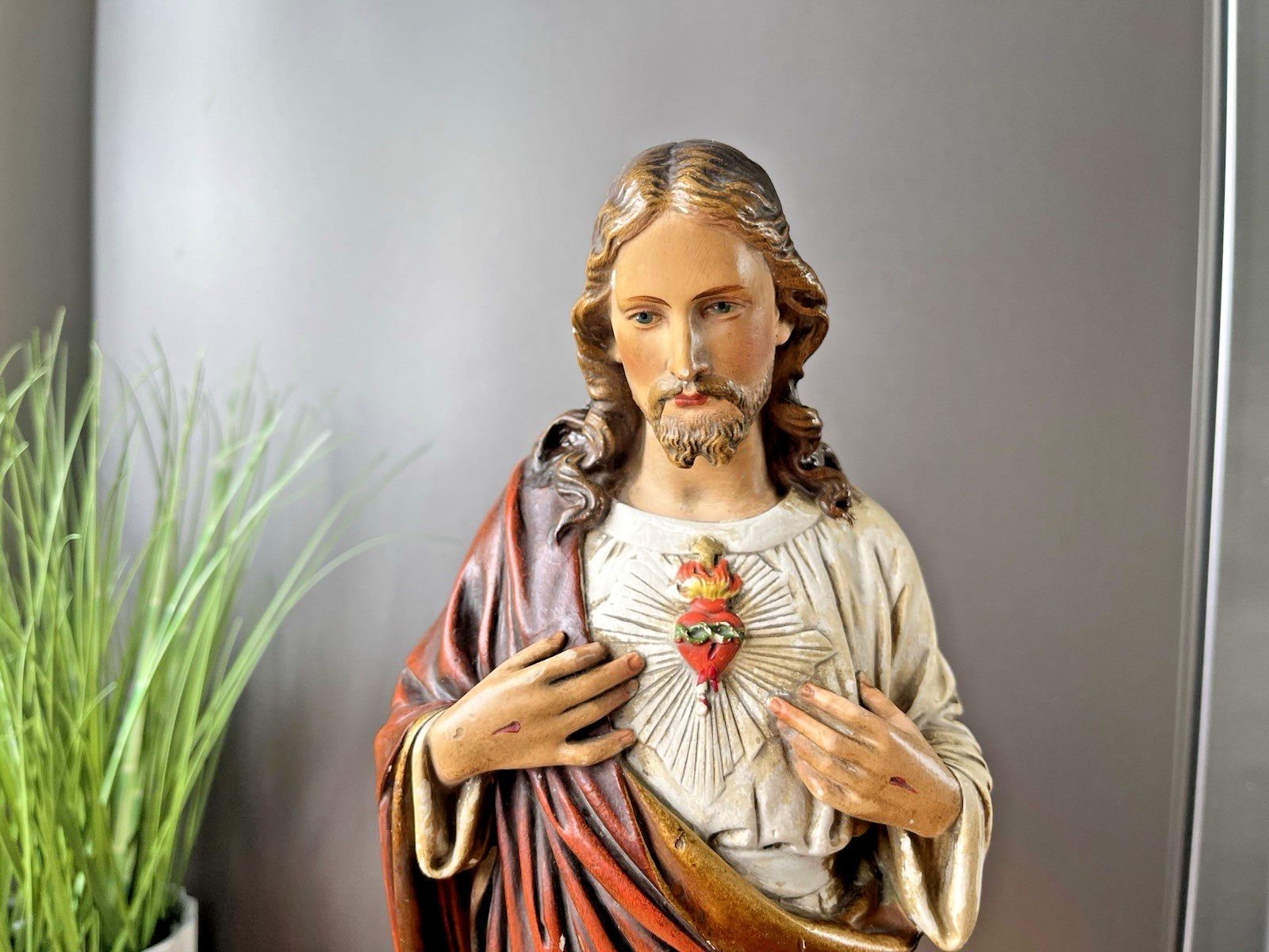 Antique 16" Plaster Chalkware Jesus Sacred Heart Religious Figurine Sculpture photo vinterior