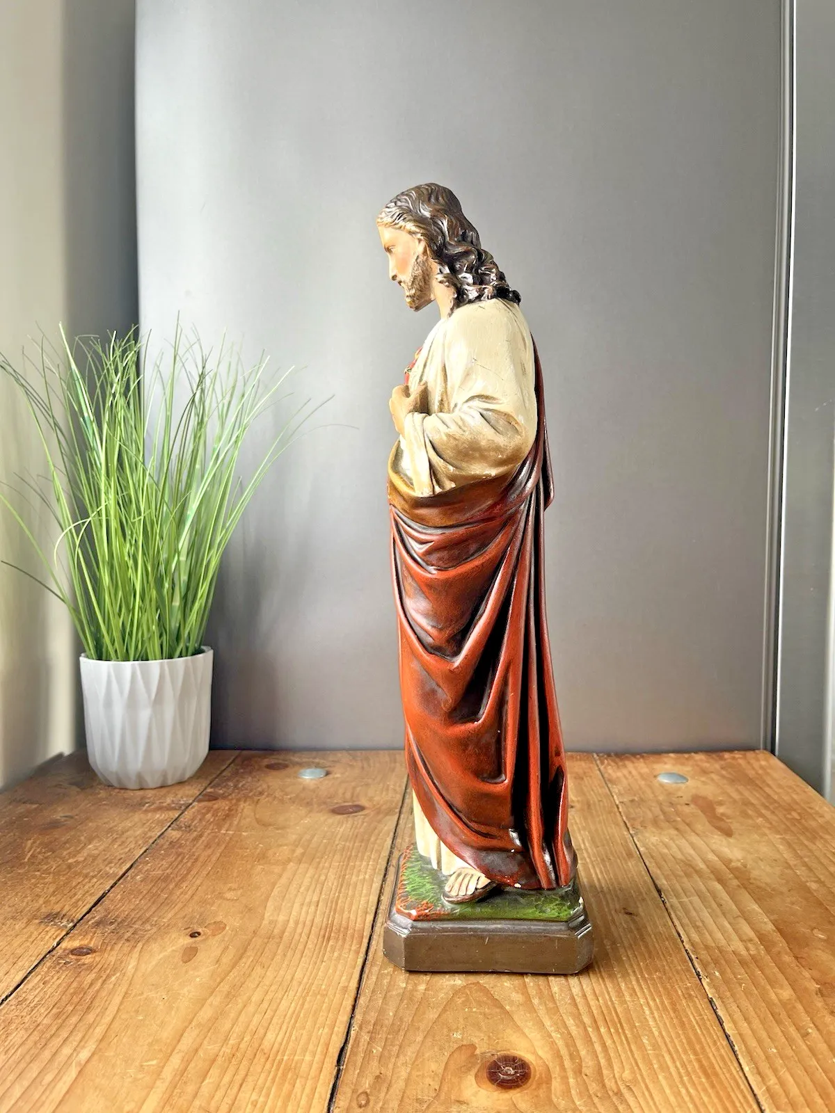 130.0 Antique 16" Plaster Chalkware Jesus Sacred Heart Religious Figurine Sculpture photo