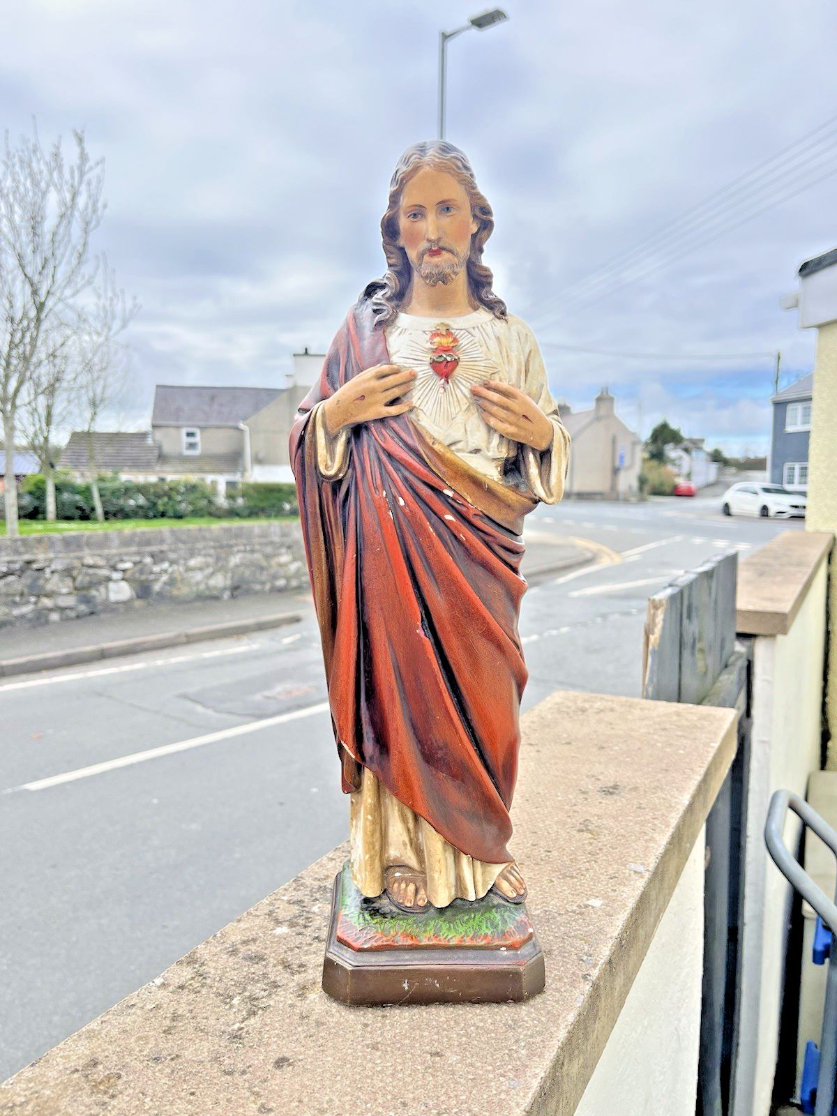 photo buy Antique 16" Plaster Chalkware Jesus Sacred Heart Religious Figurine Sculpture