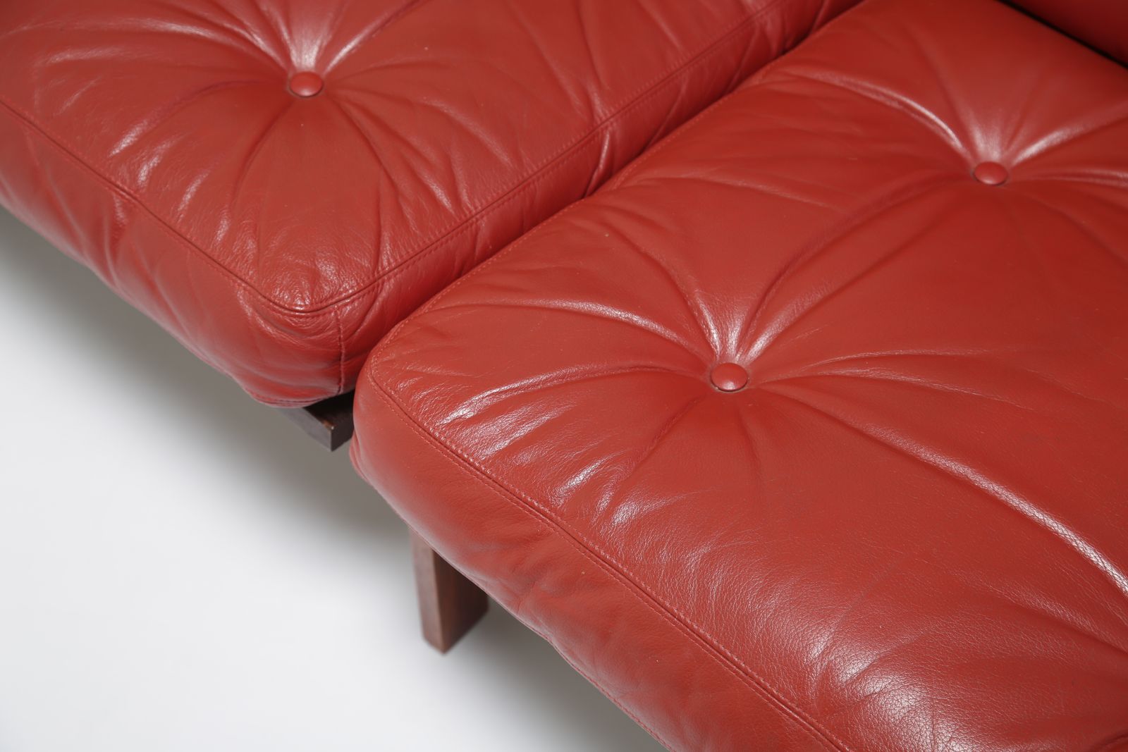 Furniture Illum Wikkelsø Figured Rosewood Sofa: Model ‘Capella’ Three Seater In Figured Rosewood & Red Leather For Niels Eilersen, Denmark, 1960s photo