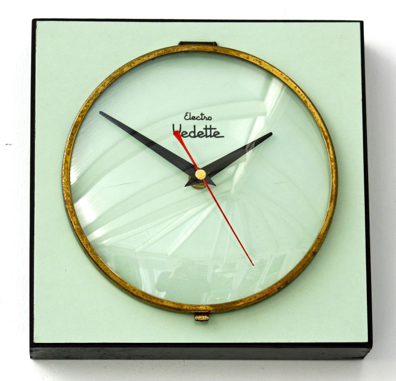 Vintage Vedette Wall Clock   22cm Mid Century Style Wooden Green Formica French Retro Wooden 1960s Atomic Gift Off The Wall Clocks