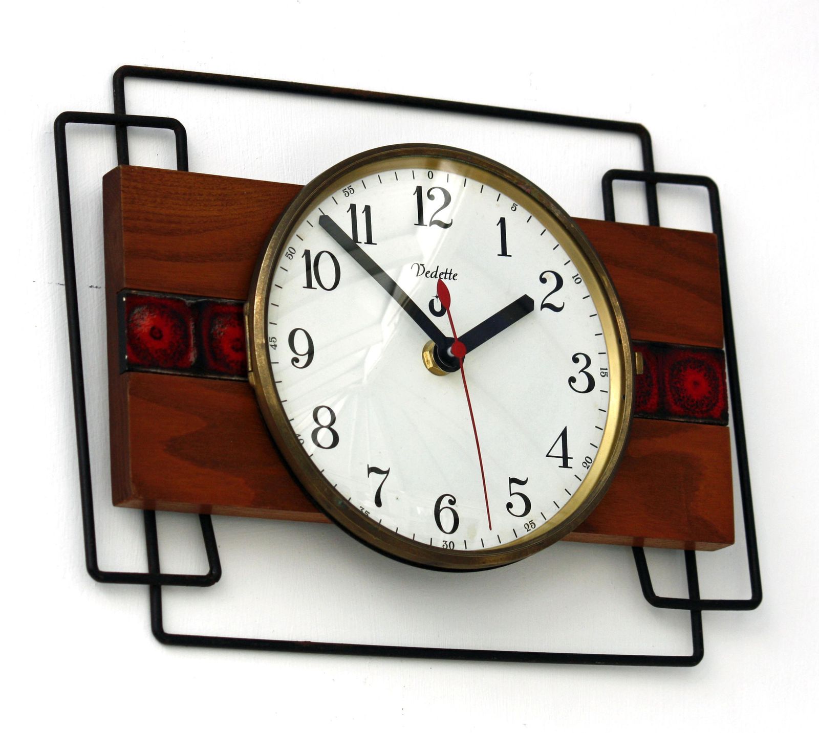 Vintage Vedette Wall Clock   28cm Mid Century Style Wooden Formica French Retro Wooden 1970s Atomic Gift Off The Wall Clocks photo furniture
