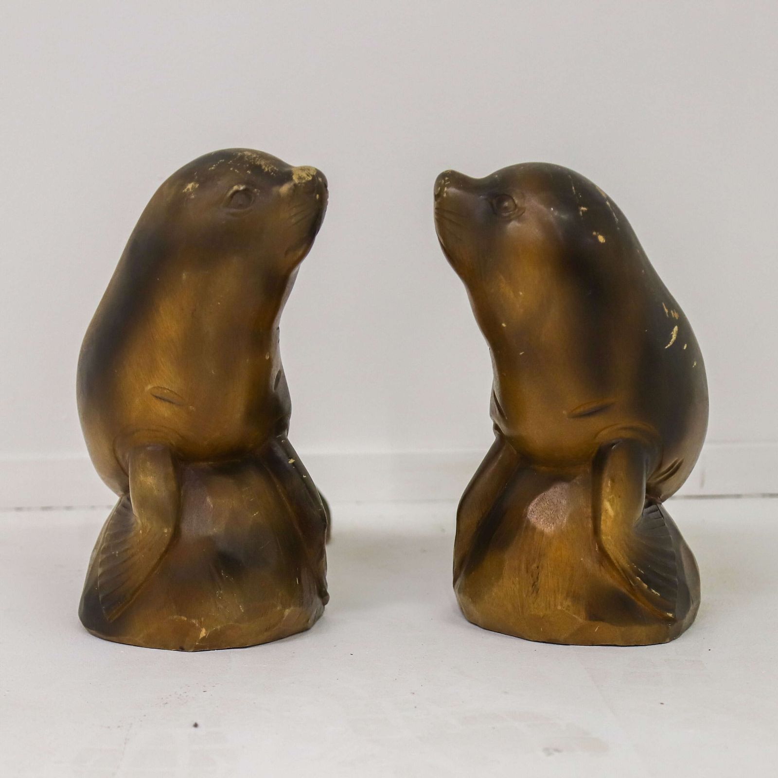 Art Highly Decorative Pair Of Mid‑Century Seal Sculptures   1950s Carved Figures photo