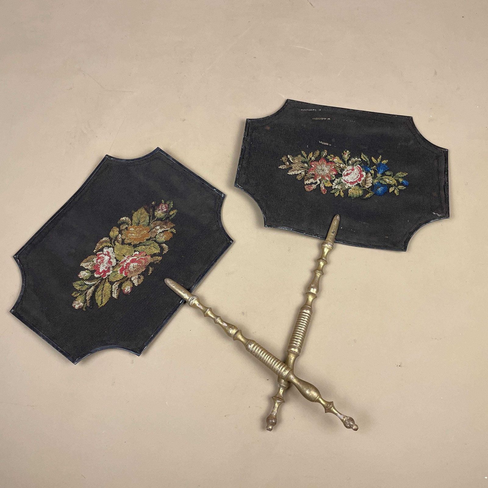 Pair Antique Face Screens Handheld Embroidered Floral Heat Protector Black Gold Handle Ladies Accessory photo 104.0