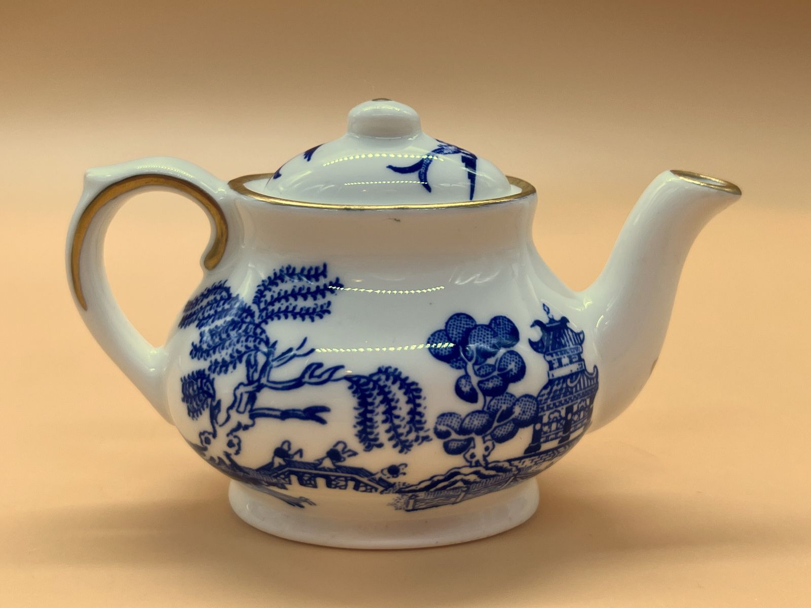 Coalport China Blue Willow Miniature Display Tea Set. Teapot, Creamer, Sugar, Tea Cup, Saucer & Side Plate Trio. photo for sale