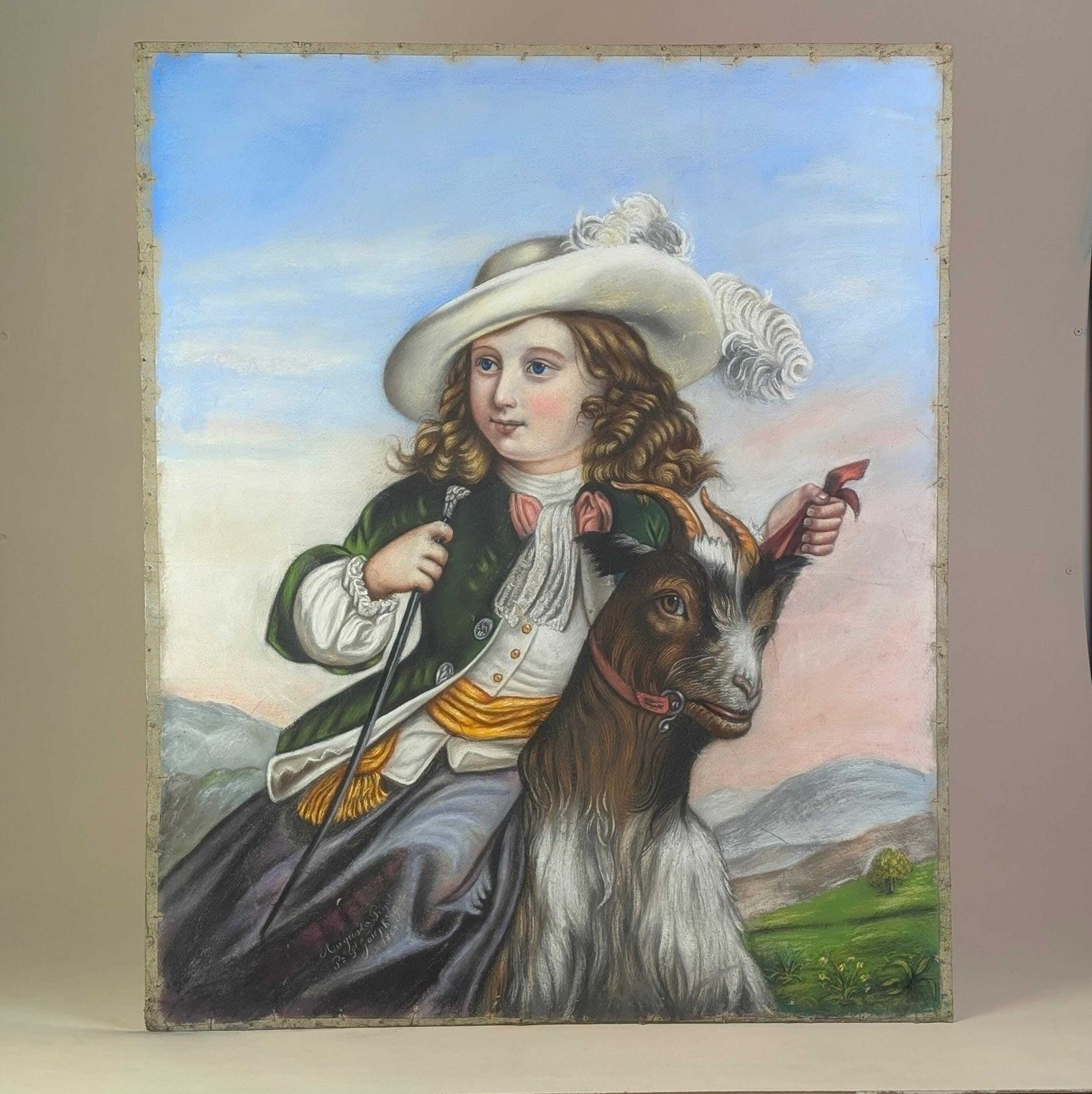 photo furniture Pastel Portrait Child With Goat, 1886 French Antique Large Pastoral Mountain Landscape Painting