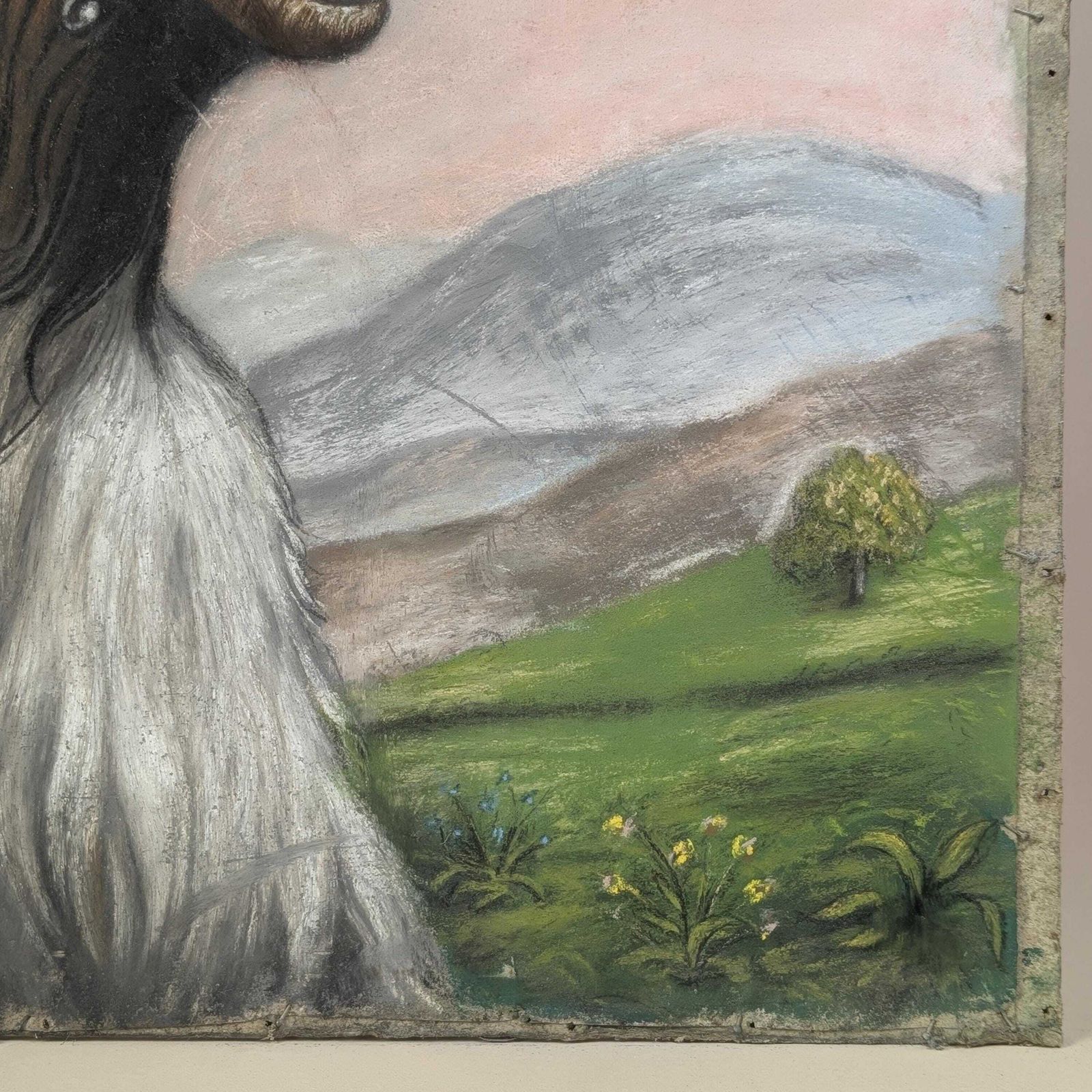 photo for sale Pastel Portrait Child With Goat, 1886 French Antique Large Pastoral Mountain Landscape Painting