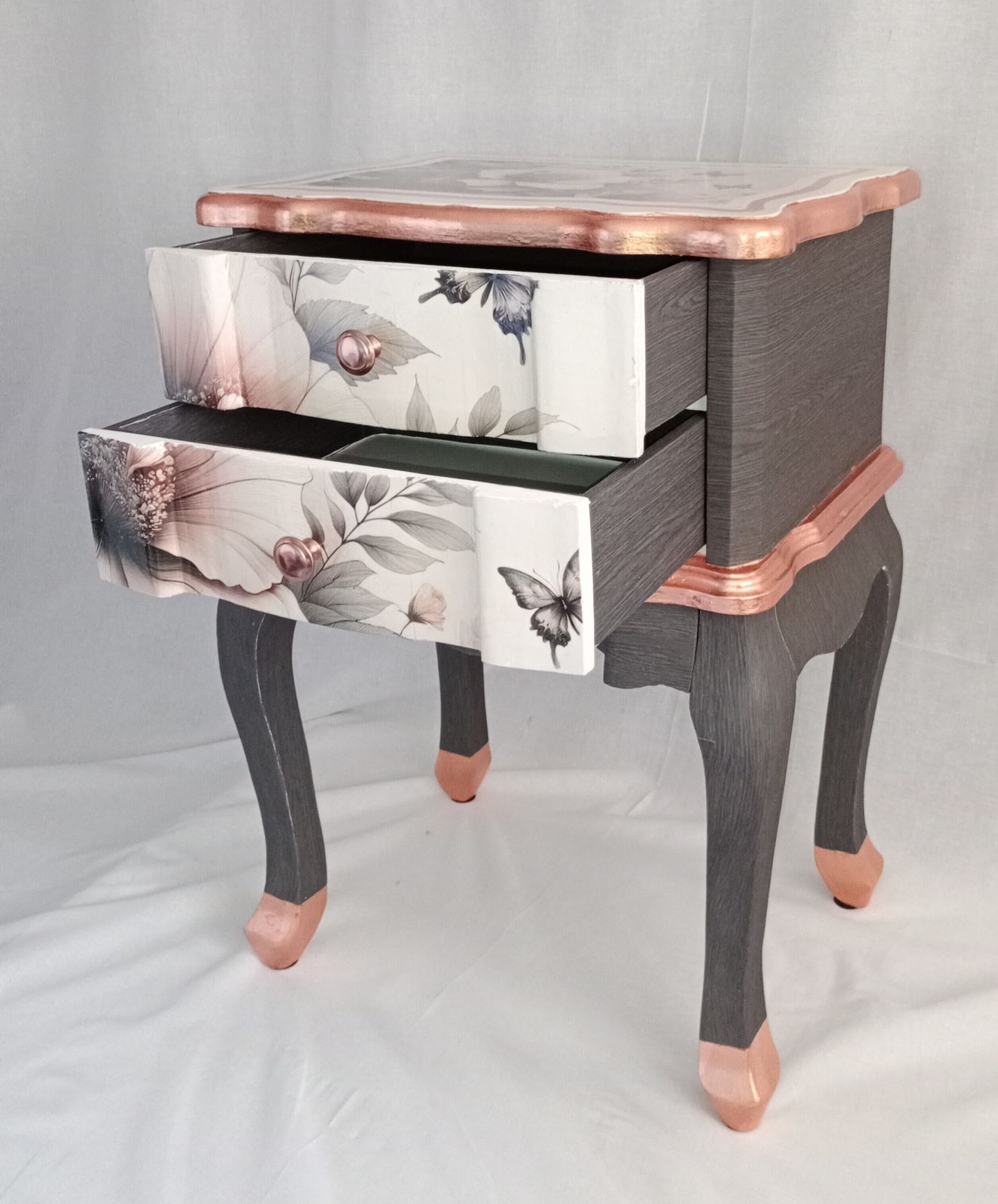 Refurbished Vintage Bedside Tables Pair – Botanical Floral Decoupage, Copper Leaf Detail, Dark Wood Effect Nightstands photo vinterior