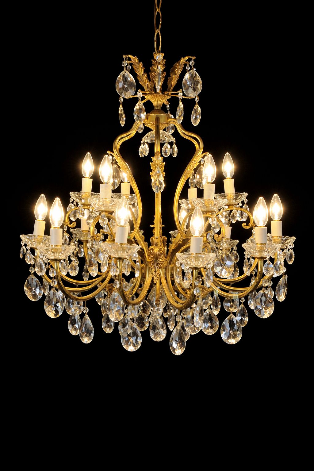 Fine Antique Gilt Bronze Crystal 18 Light Chandelier, Circa 1920