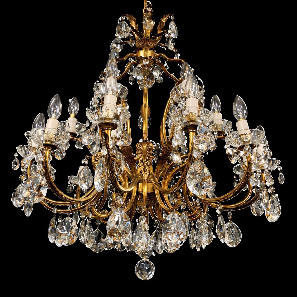 photo for sale Fine Antique Gilt Bronze Crystal 18 Light Chandelier, Circa 1920