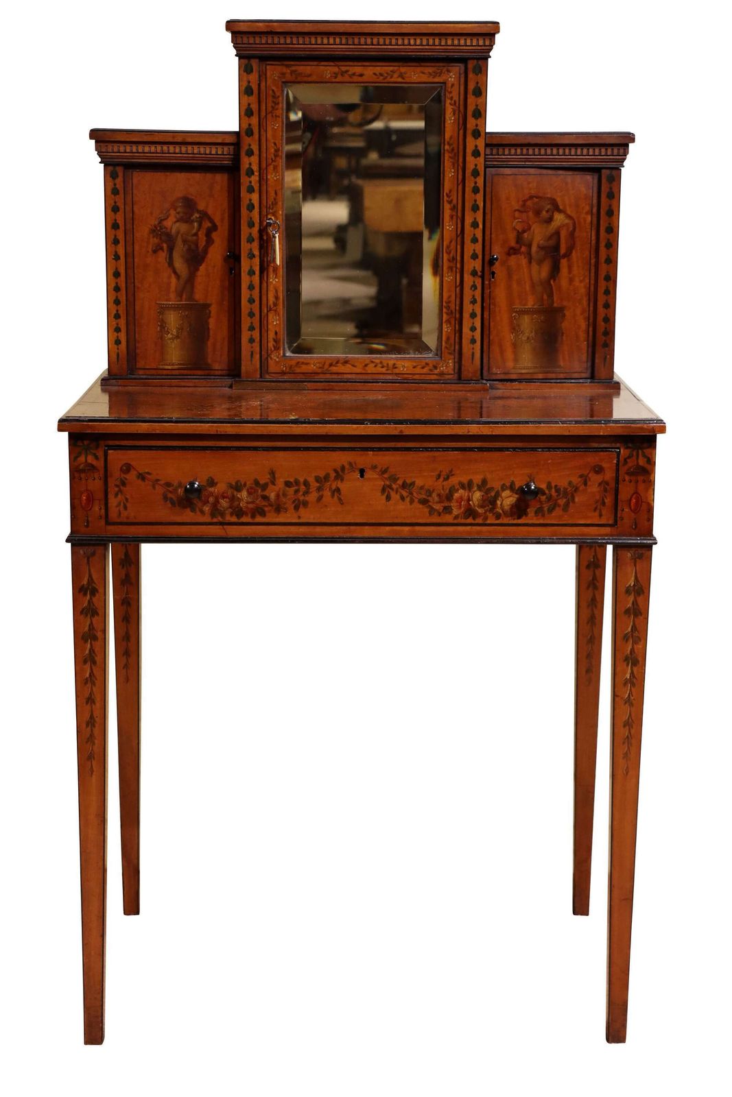 Edwardian Hand Painted Satinwood Ladies Writing Table With Mirrored Superstructure, C.1900