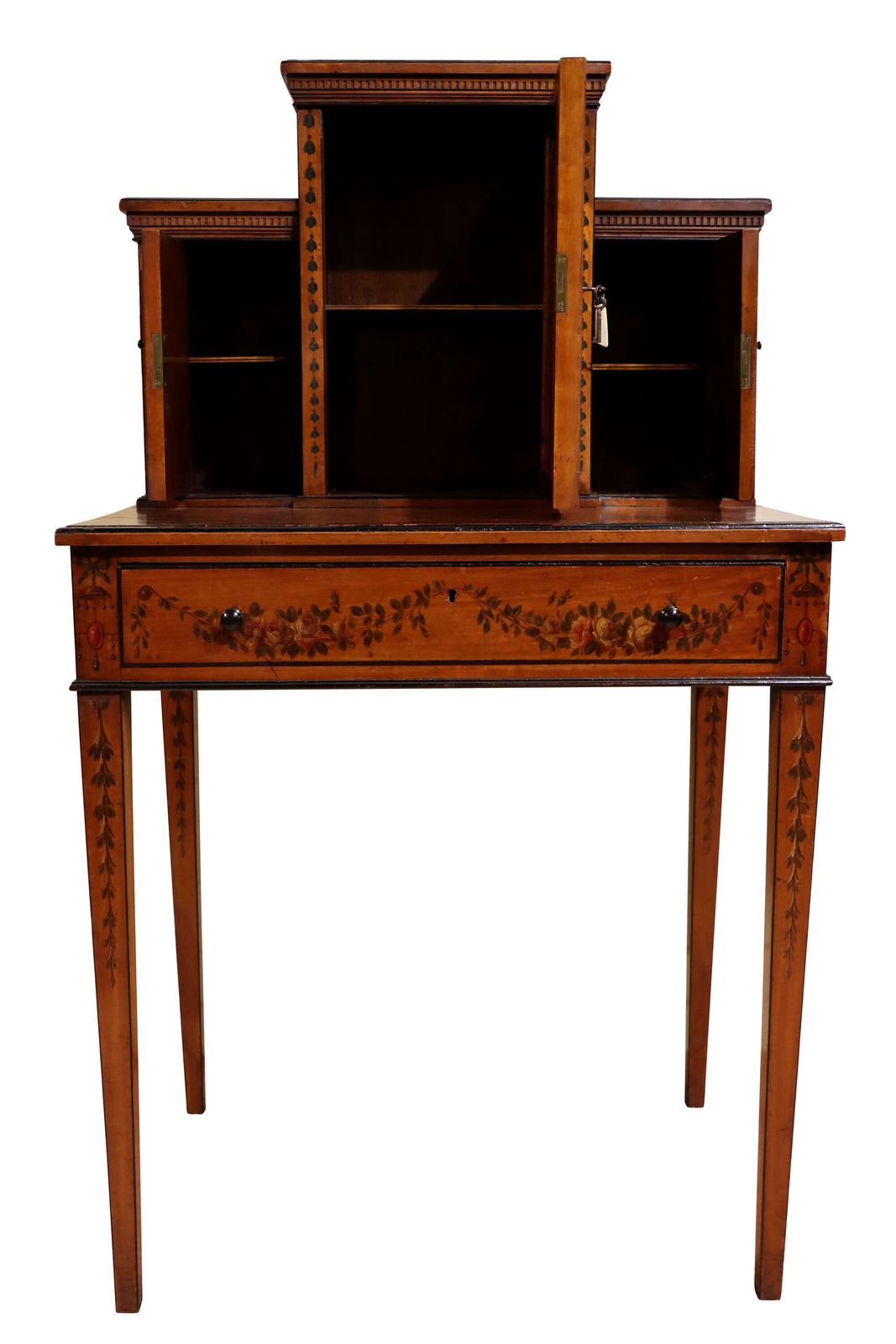 Edwardian Hand Painted Satinwood Ladies Writing Table With Mirrored Superstructure, C.1900 photo for sale