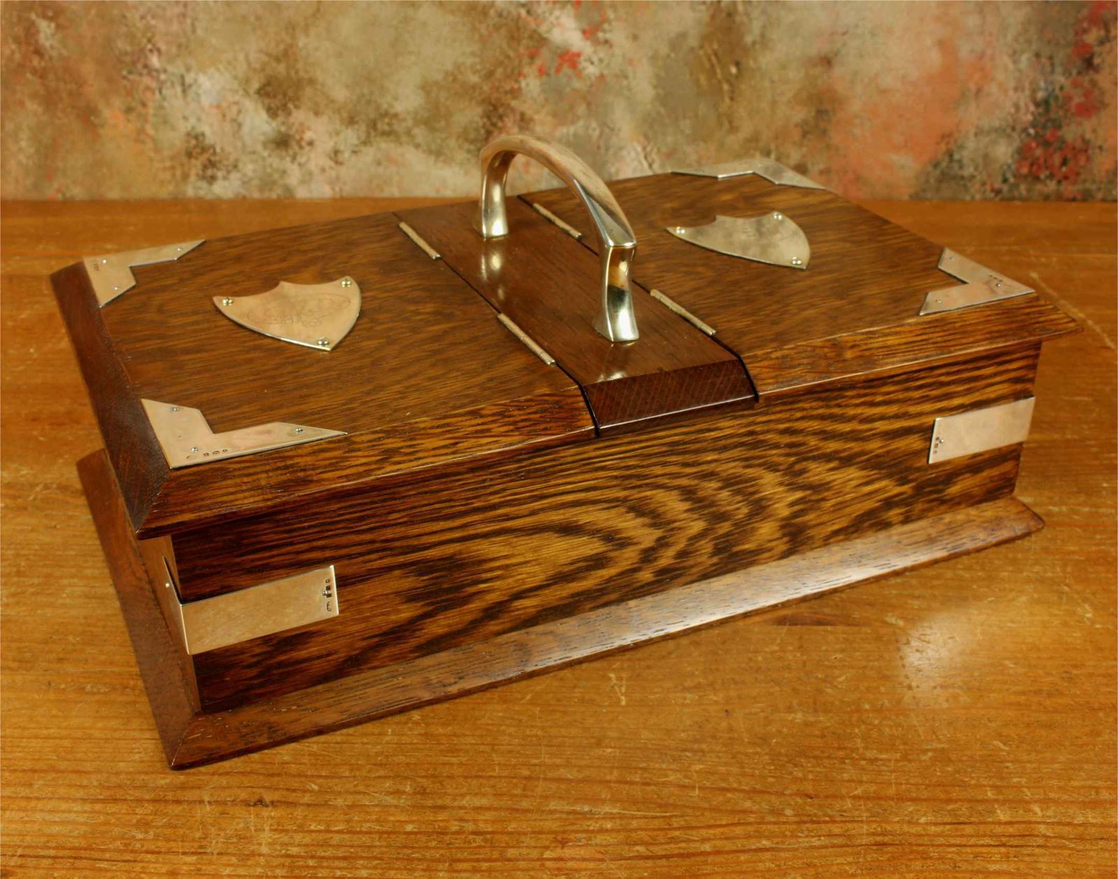 475.0 Antique English Oak & Silver Box. Wooden Humidor Cigar Box. 1920. photo