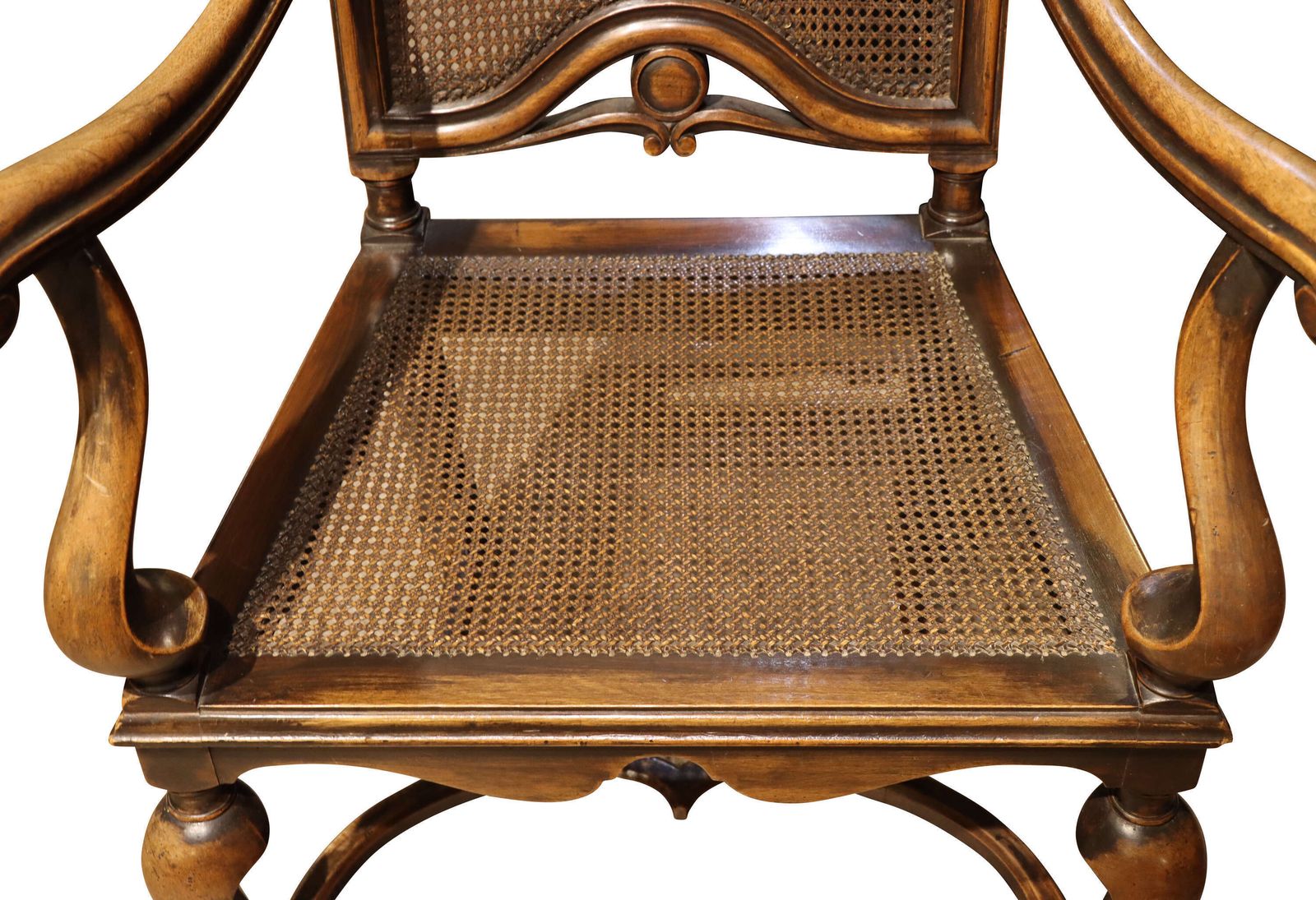 photo furniture Fine Pair Of William & Mary Style Walnut High Back Caned Armchairs, C.1900