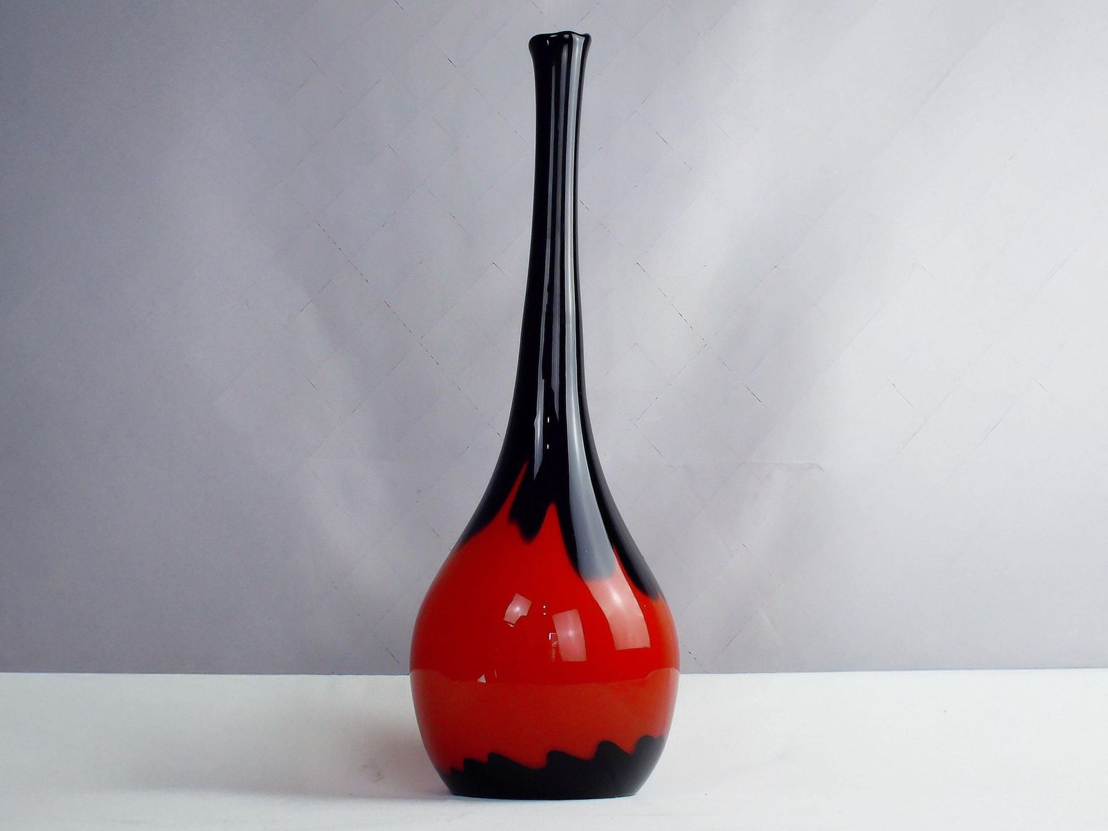 Tall Mid Century Red And Black Art Glass Vase Circa 1970 photo 156.0