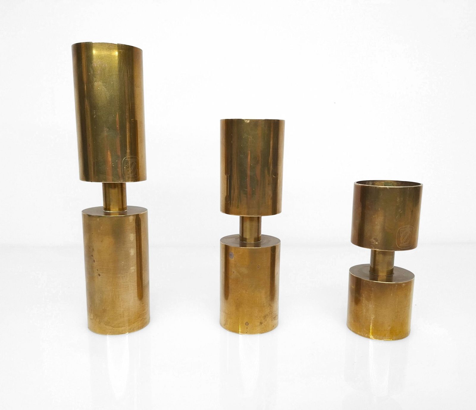 3 Scandinavian Candlesticks In Solid Brass, Thelma Zoega, Sweden, 1976 photo for sale