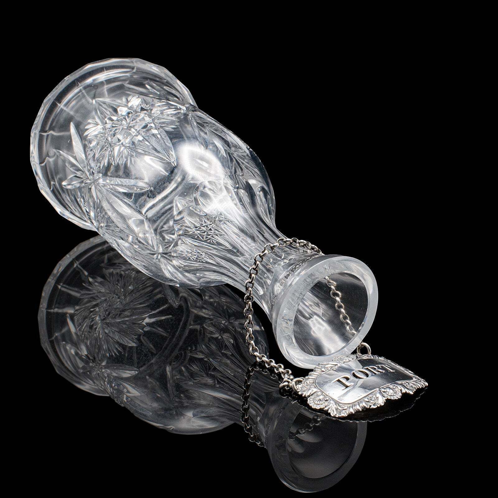 photo for sale Vintage Port Decanter, English, Glass, Silver Label, Spirit Bottle, Mid Century