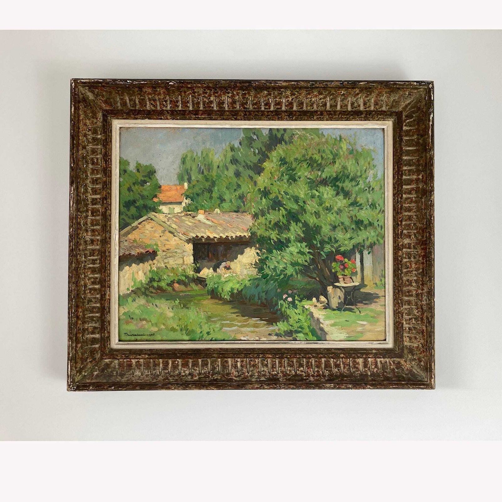 A Summer Garden In France   Medium Antique Original European Impressionist Oil Painting Of A French Garden