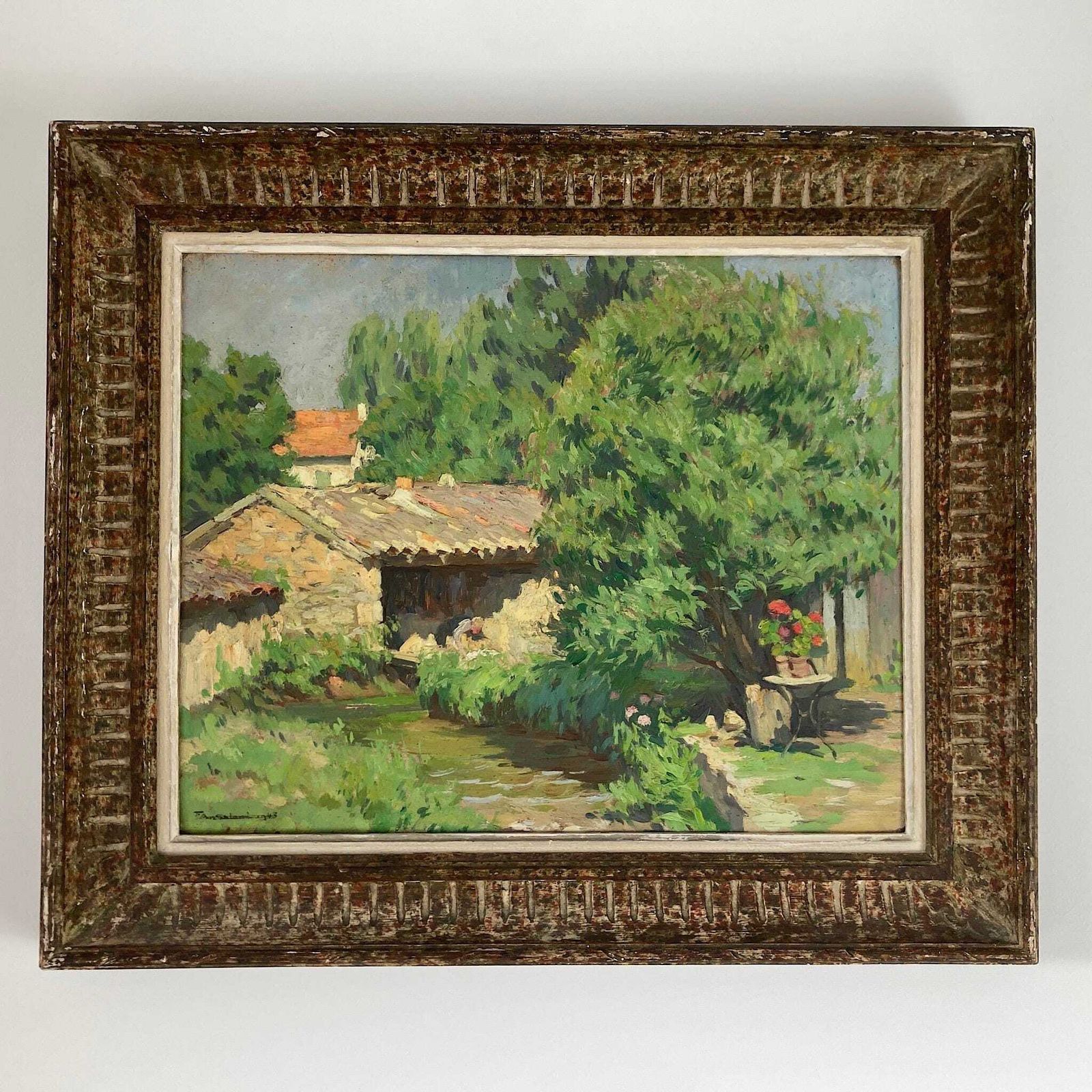 A Summer Garden In France   Medium Antique Original European Impressionist Oil Painting Of A French Garden photo furniture