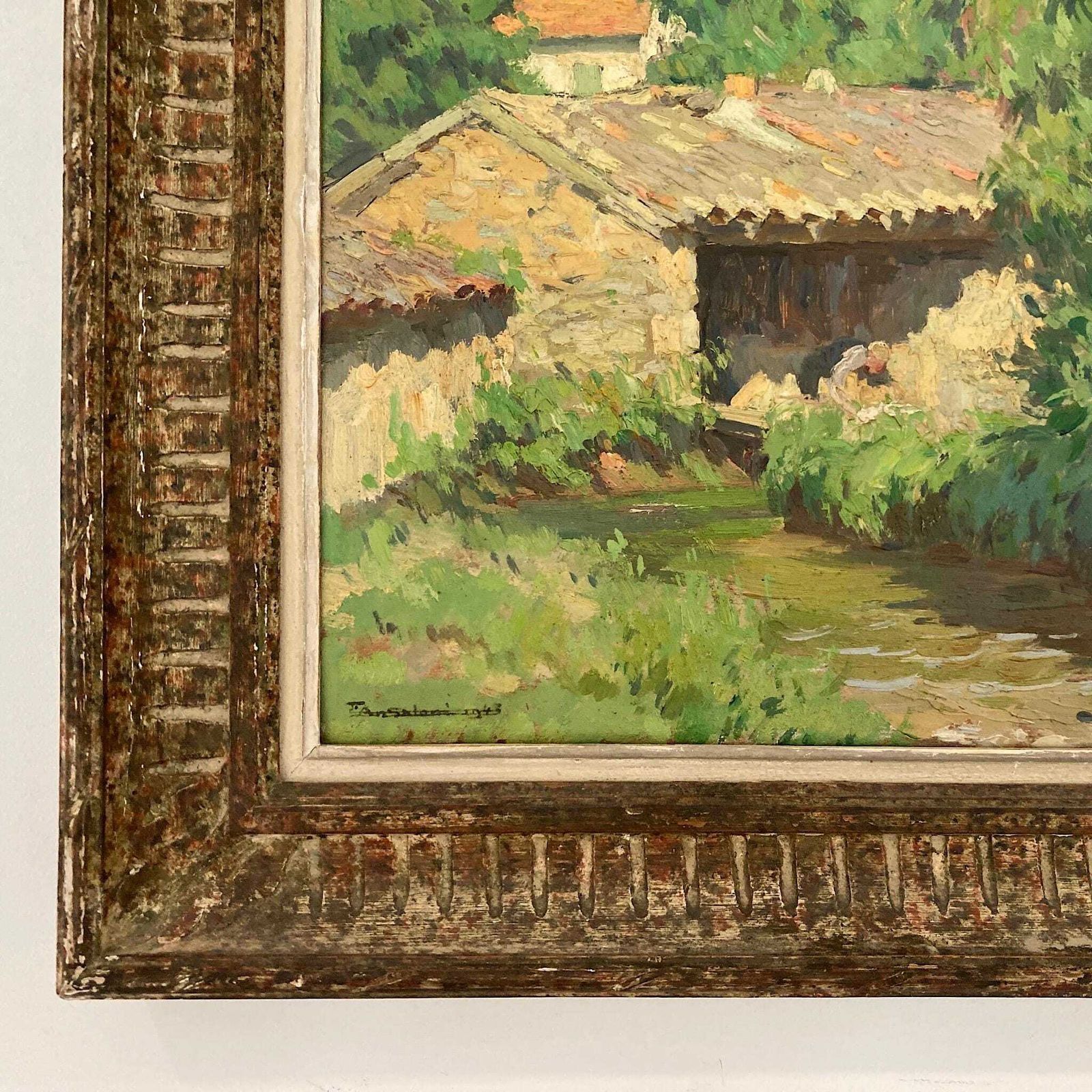 A Summer Garden In France   Medium Antique Original European Impressionist Oil Painting Of A French Garden photo vintage