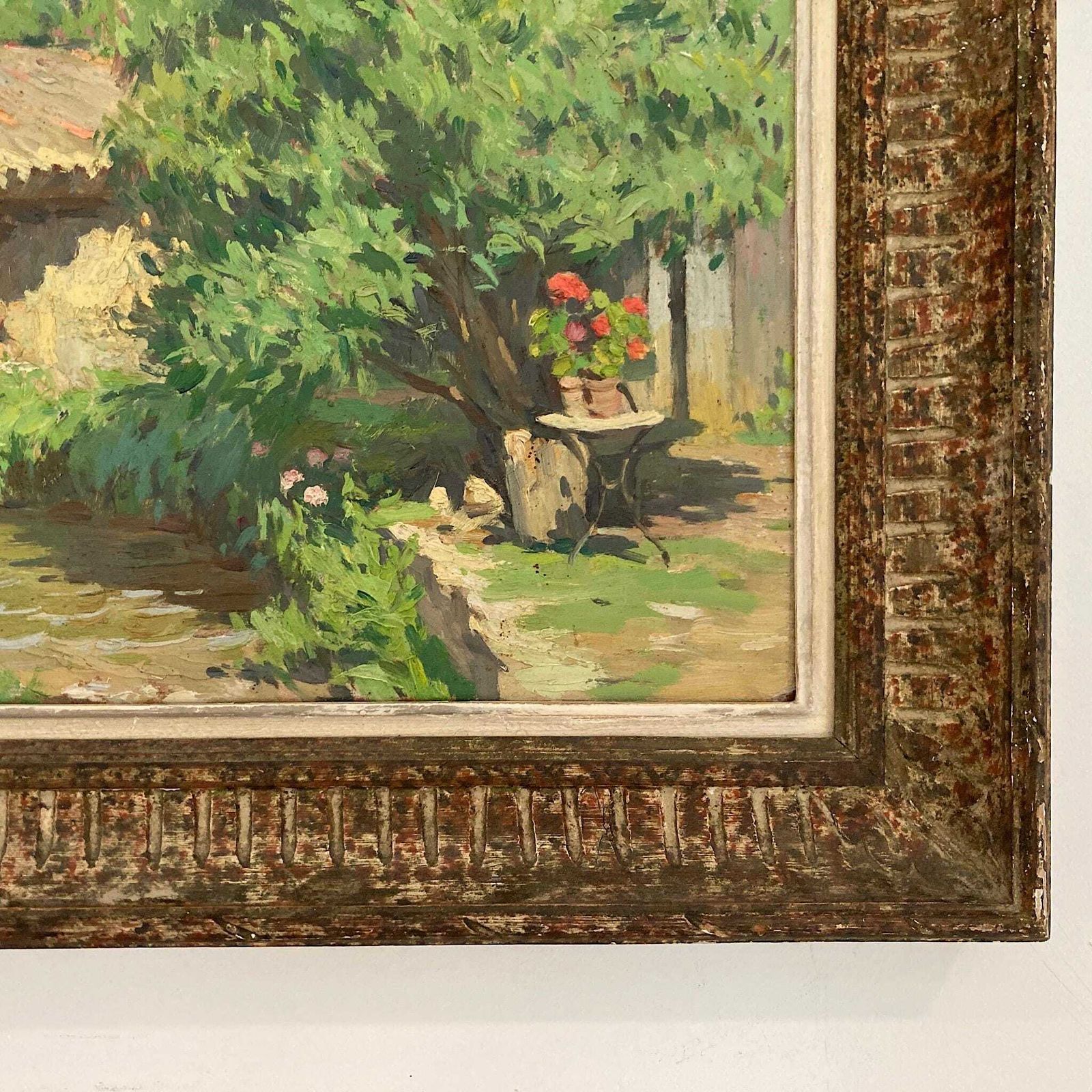 photo furniture A Summer Garden In France   Medium Antique Original European Impressionist Oil Painting Of A French Garden