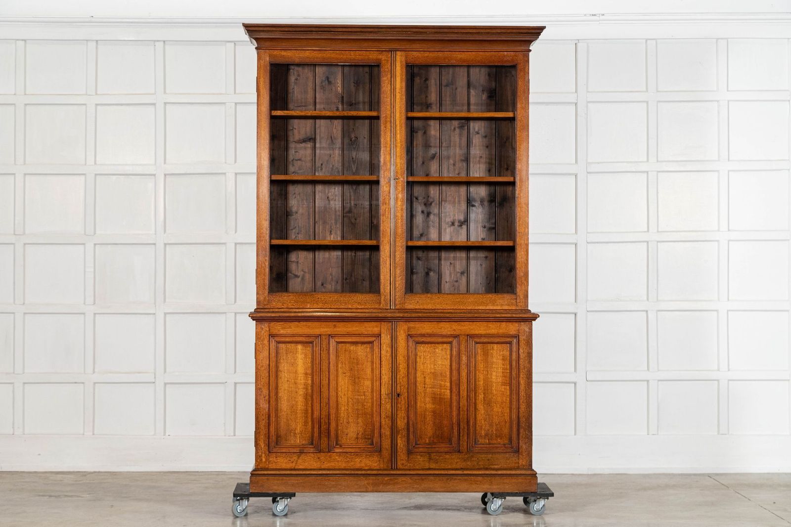 Large 19thc English Oak Glazed Bookcase Cabinet photo for sale