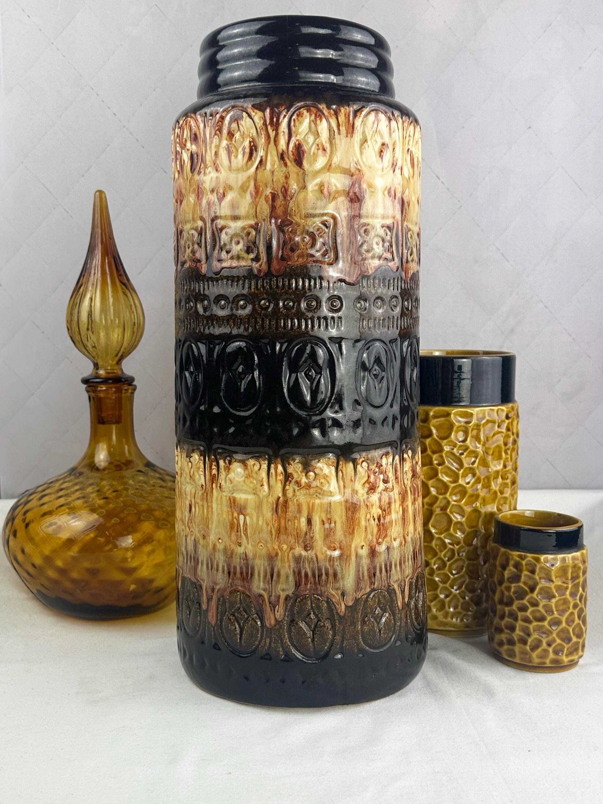 Large West German Pottery Floor Vase, Mid Century Geometric Cream Chocolate Brown, Scheurich 1970s photo for sale