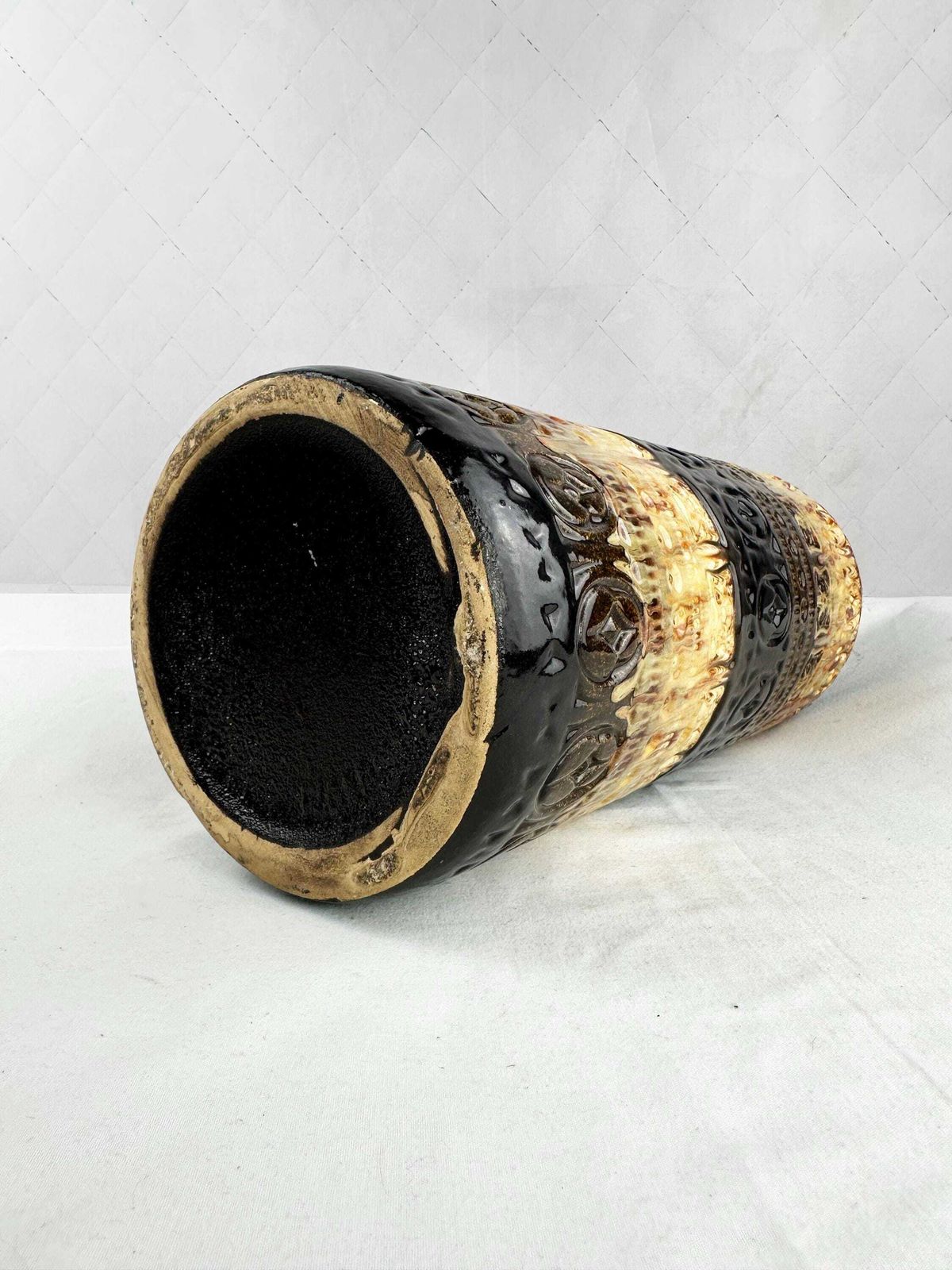 85.0 Large West German Pottery Floor Vase, Mid Century Geometric Cream Chocolate Brown, Scheurich 1970s photo
