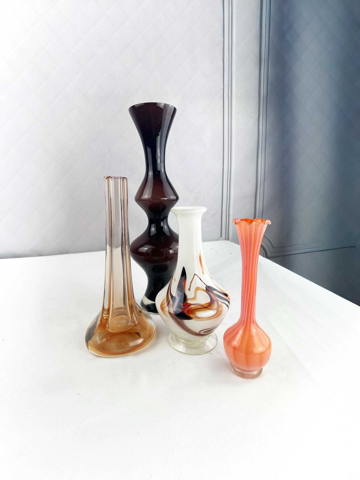 Set Of Four Mid Century Art Glass Vases, Mcm Orange White Brown Palette photo furniture
