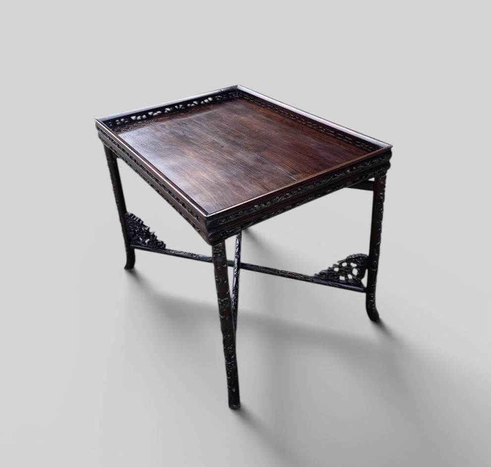 Antique Chinese Carved Padauk Tray On Stand photo for sale