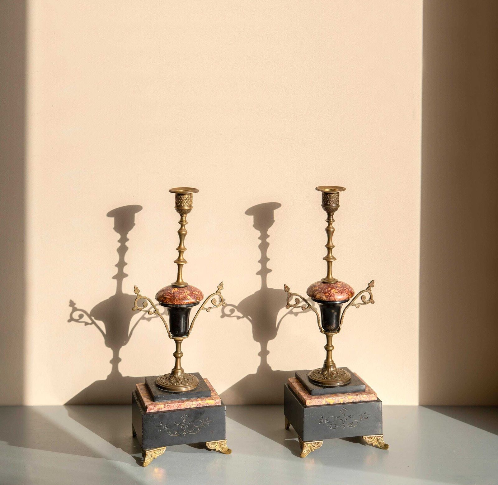 Antique French Marble And Brass Candlesticks   Napoleon III   Mantel Decor   Set Of Two photo furniture