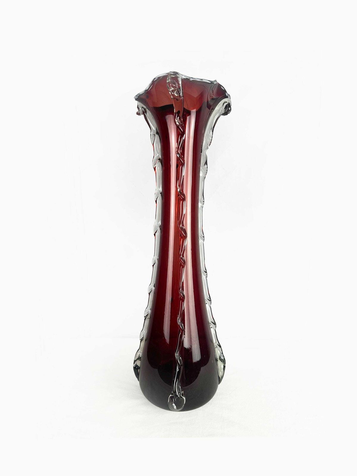 Mid Century Handblown Cranberry Red And Clear Glass Vase Circa 1960