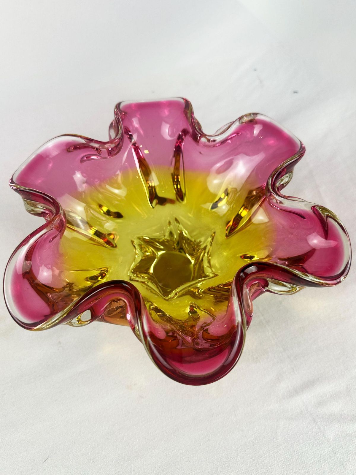 Josef Hospodka Chribska Sommerso Glass Bowl, Pink Yellow Flower Art photo furniture