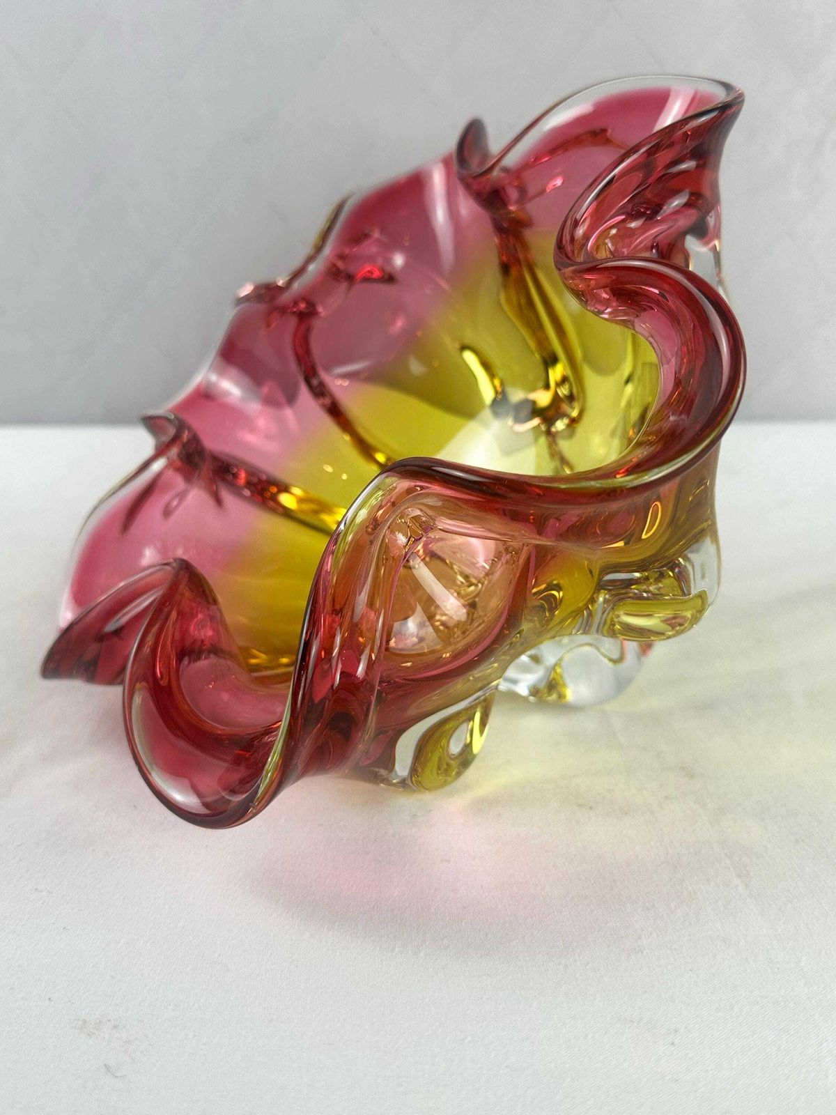 photo for sale Josef Hospodka Chribska Sommerso Glass Bowl, Pink Yellow Flower Art