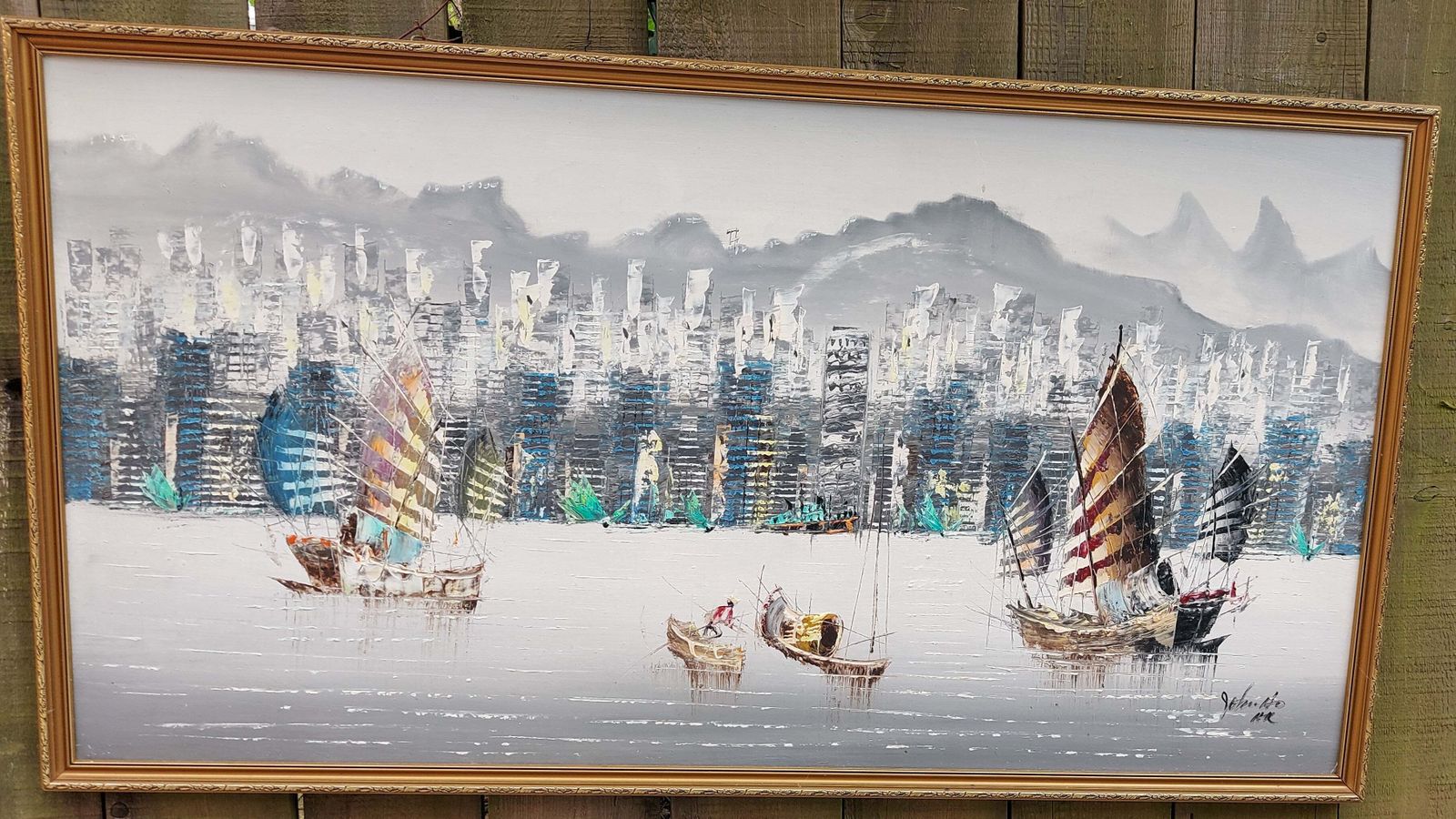Mid Century Modern Large Oil/Print On Board Painting John Ho Hong Kong Harbour