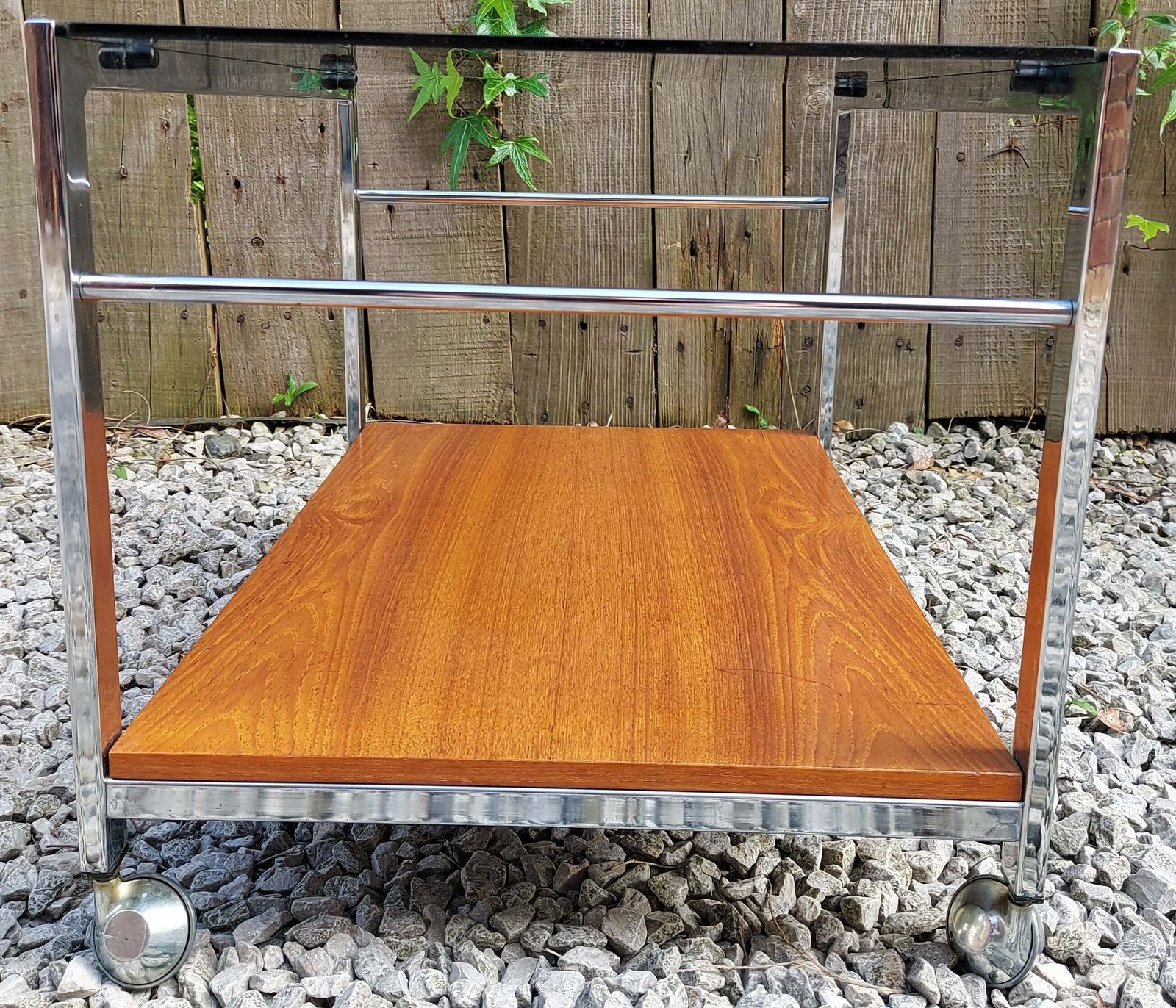 Mcm Howard Miller Smoke Glass Metal Teak Coffee Table On Wheels photo 500.0