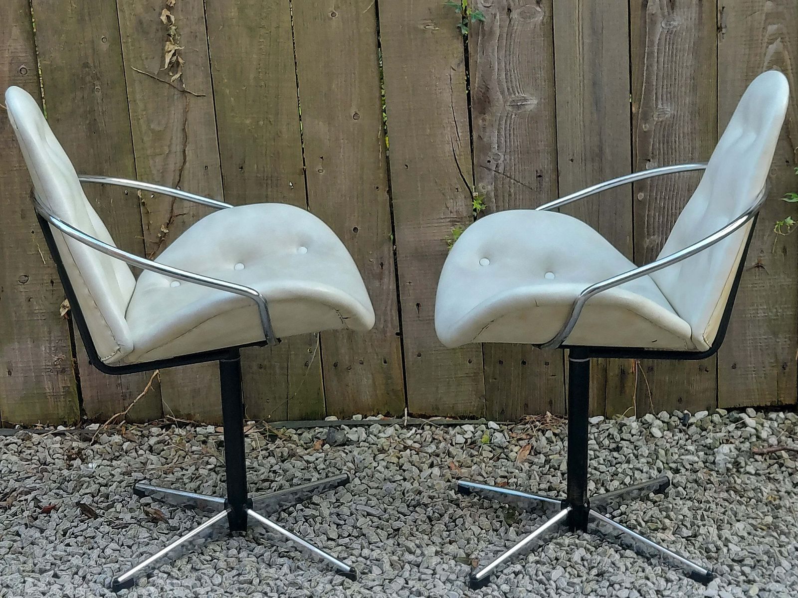 Mid Century Modern Pair Atomic Style Cream Vinyl Swivel Chairs photo Furniture