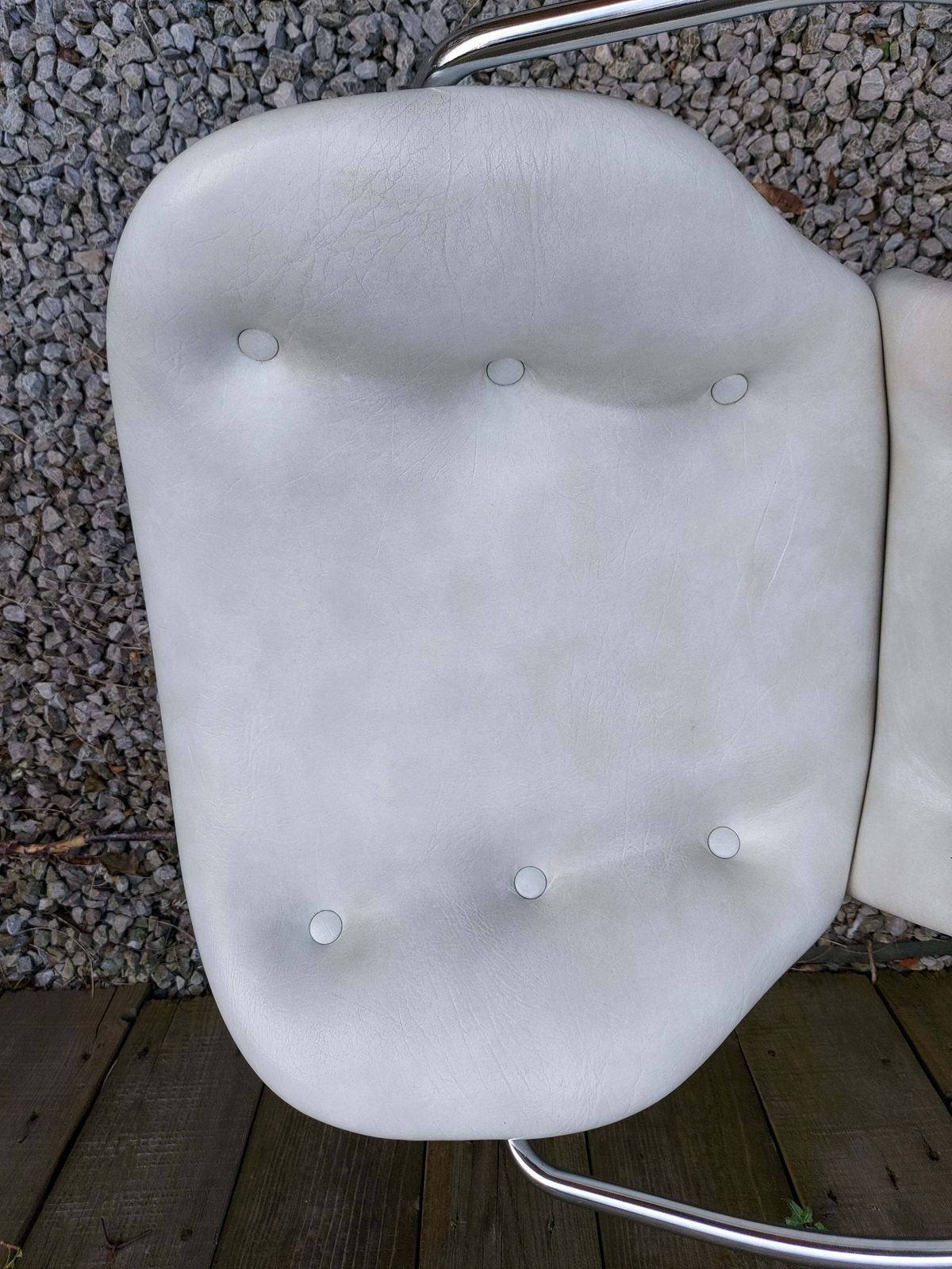 Furniture Mid Century Modern Pair Atomic Style Cream Vinyl Swivel Chairs photo