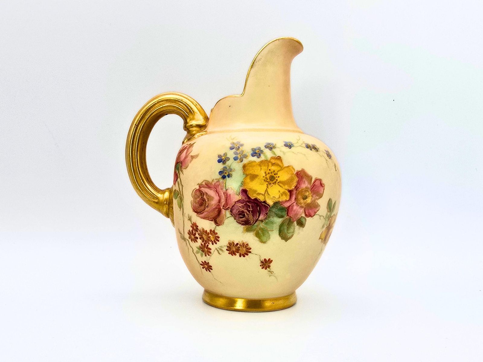Antique Royal Worcester Blush Ewer Creamer  1903 Hand Painted Porcelain Flowers