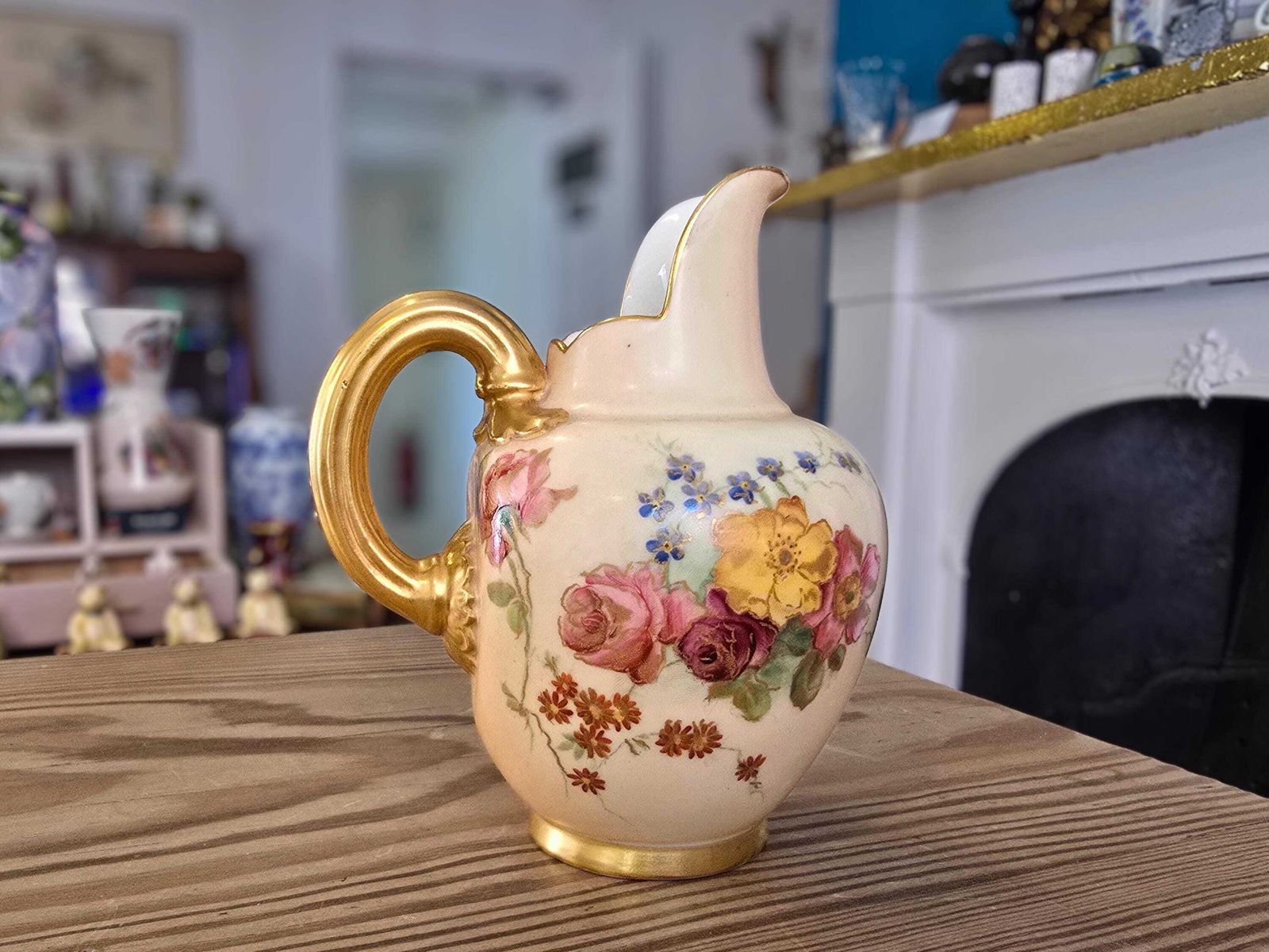 photo furniture Antique Royal Worcester Blush Ewer Creamer  1903 Hand Painted Porcelain Flowers