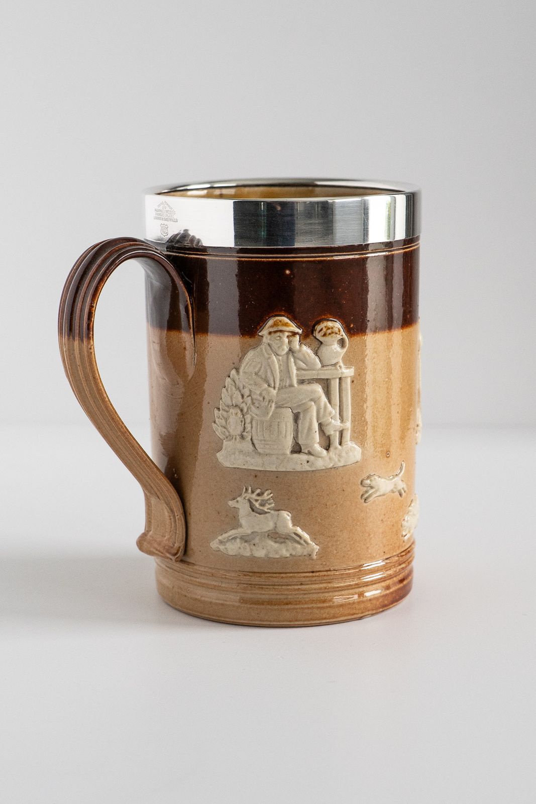 Royal Doulton 'Harvest& Hunting' Tankard Impressed Marks Dated 1903 With Mappin & Webb Silver Plated Collar photo Home Decor