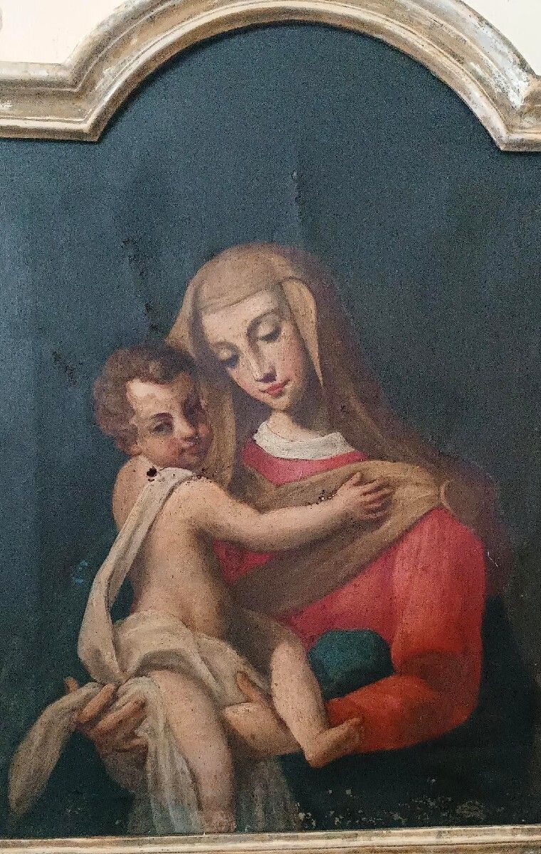 Antique Oil Painting On Canvas, "Virgin Mary And Child" photo for sale