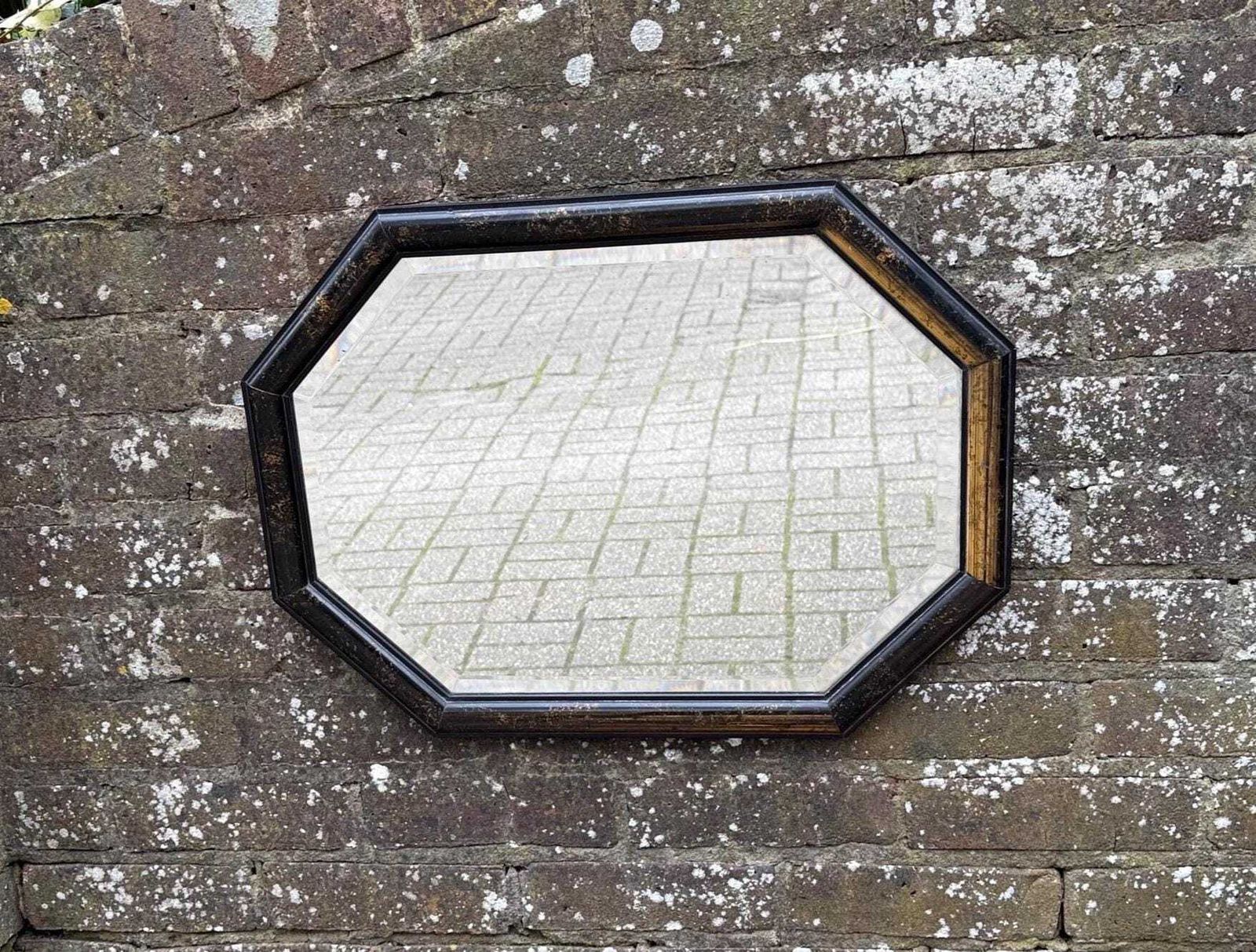 1970s Vintage Octagonal Wall Mirror, Black & Gold Resin Frame, Bevelled Glass, Retro Geometric Decor