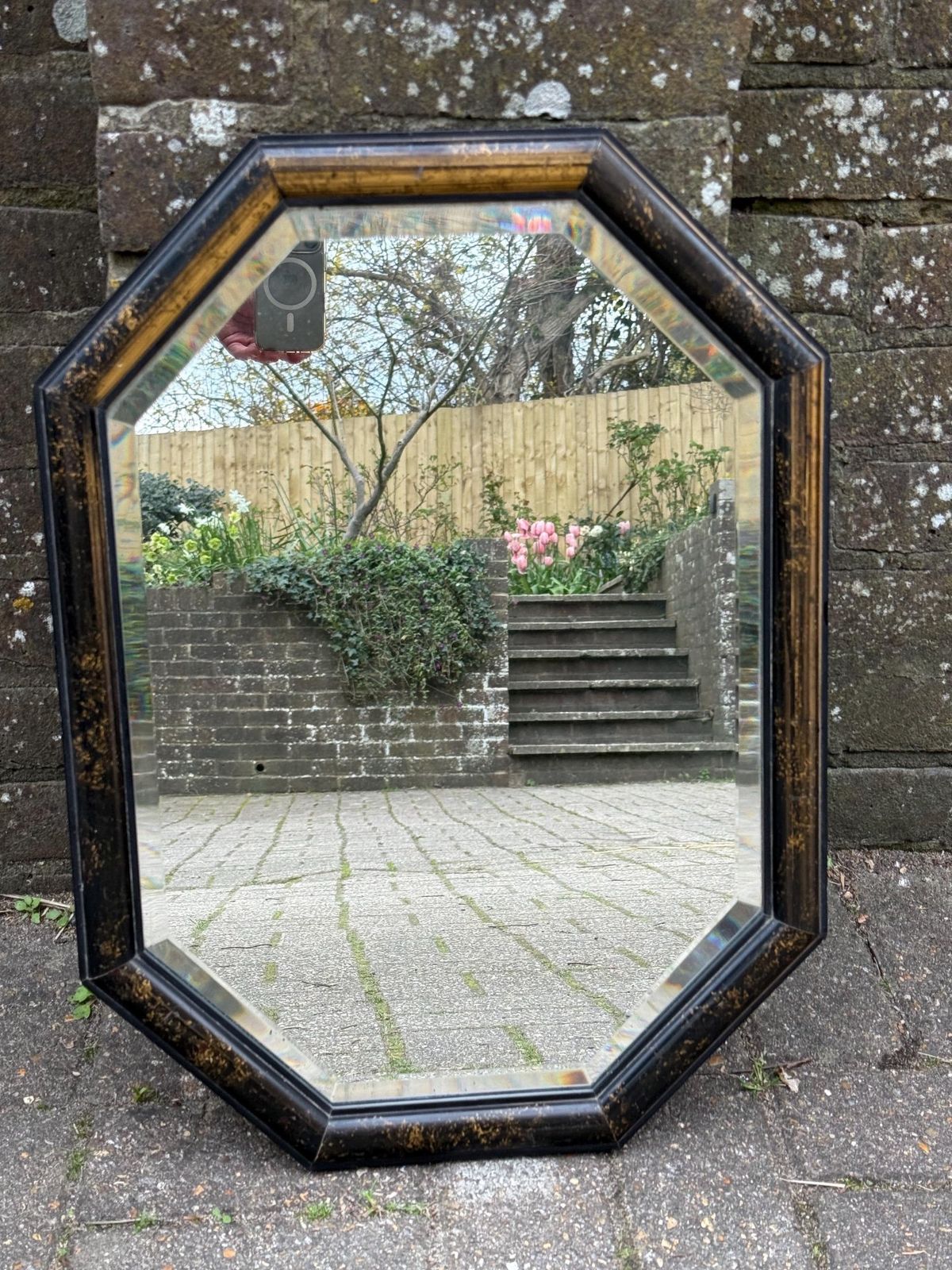 1970s Vintage Octagonal Wall Mirror, Black & Gold Resin Frame, Bevelled Glass, Retro Geometric Decor photo for sale
