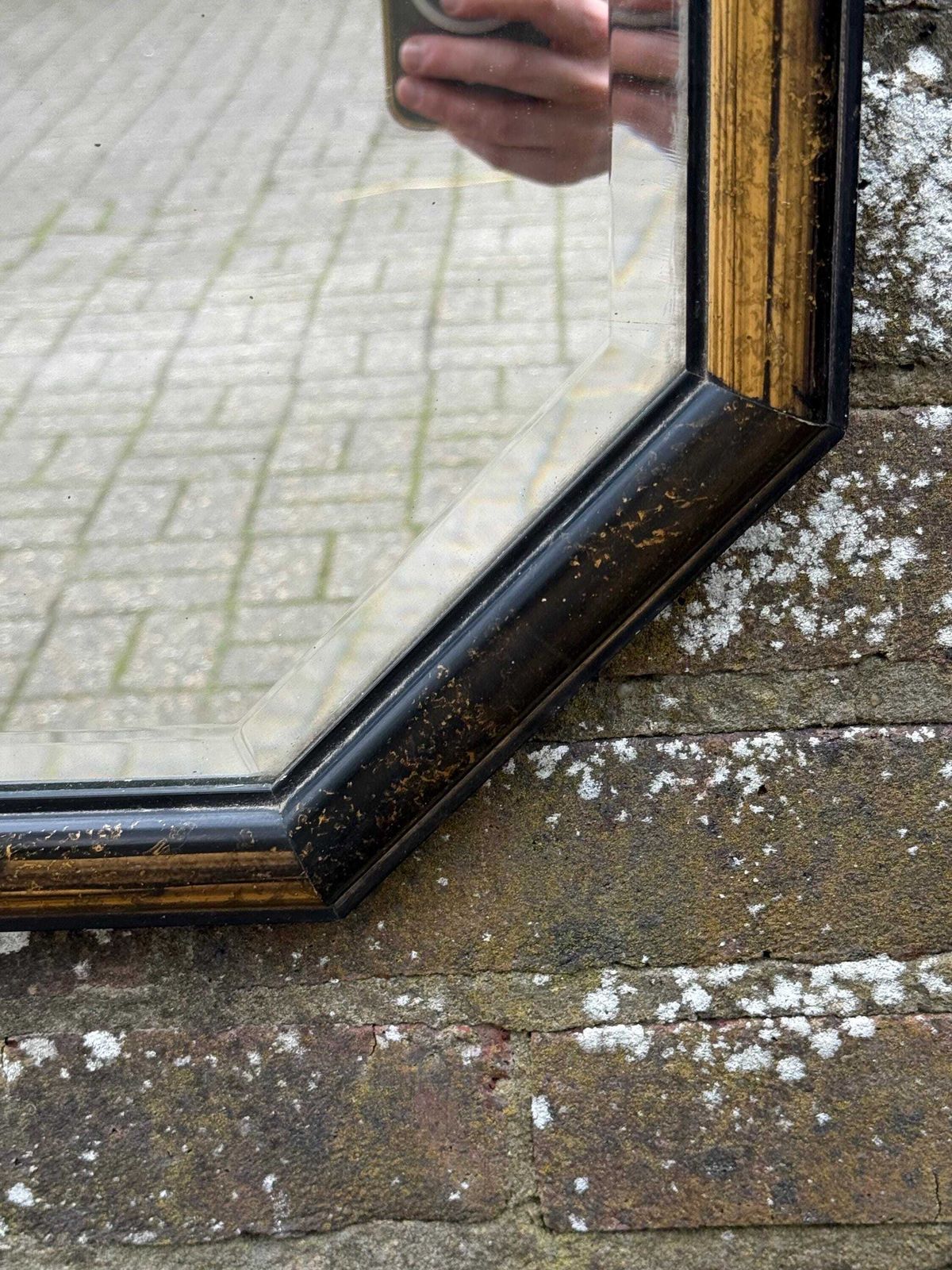 photo for sale 1970s Vintage Octagonal Wall Mirror, Black & Gold Resin Frame, Bevelled Glass, Retro Geometric Decor