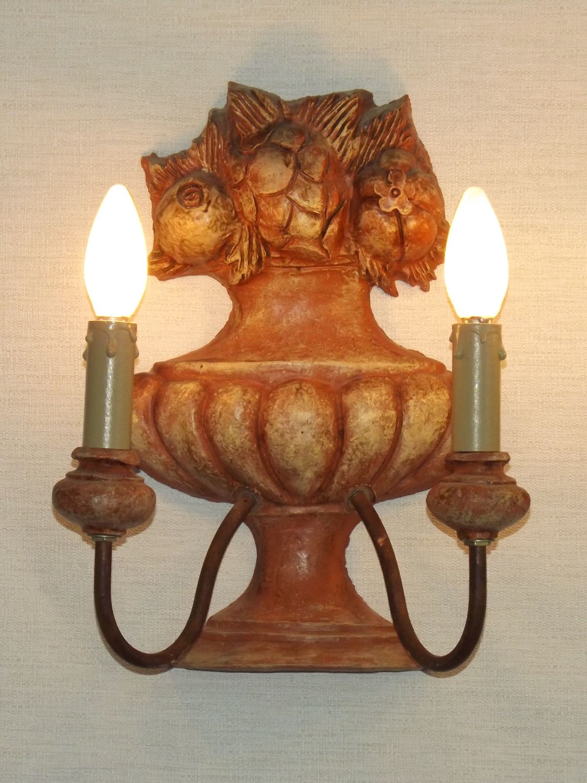 Rare Large Pair French Terracotta Urn Wall Lights Fruit Basket Double Sconces photo vinterior
