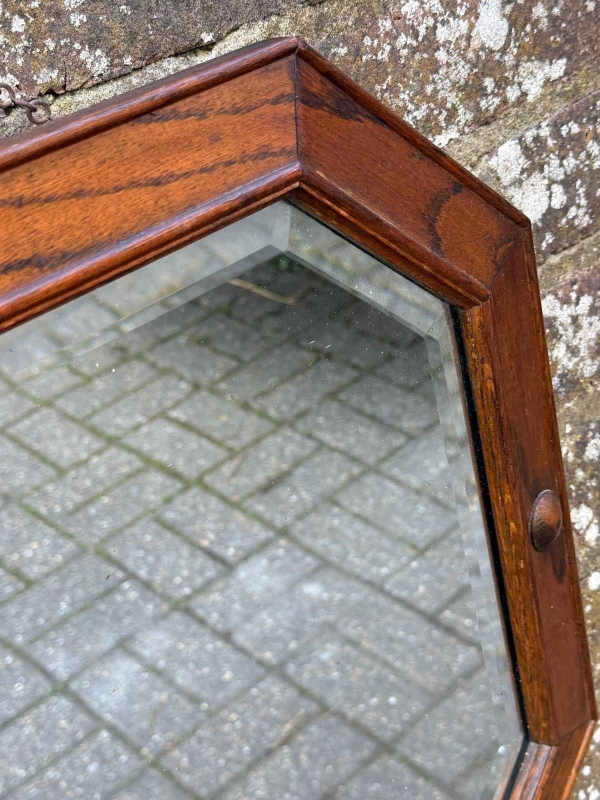 photo for sale Vintage Oak Wall Mirror – Bevelled Glass, Octagonal Frame With Metal Inlay Detail – Early 20th Century (1920s 30s)
