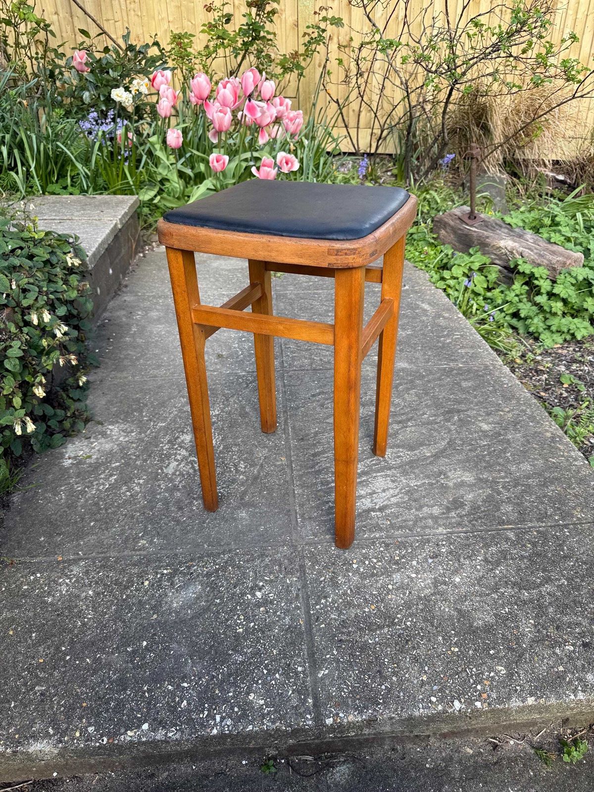 Mid Century Wooden Stool With Black Vinyl Seat – Retro Occasional Stool 1960s photo 90.0